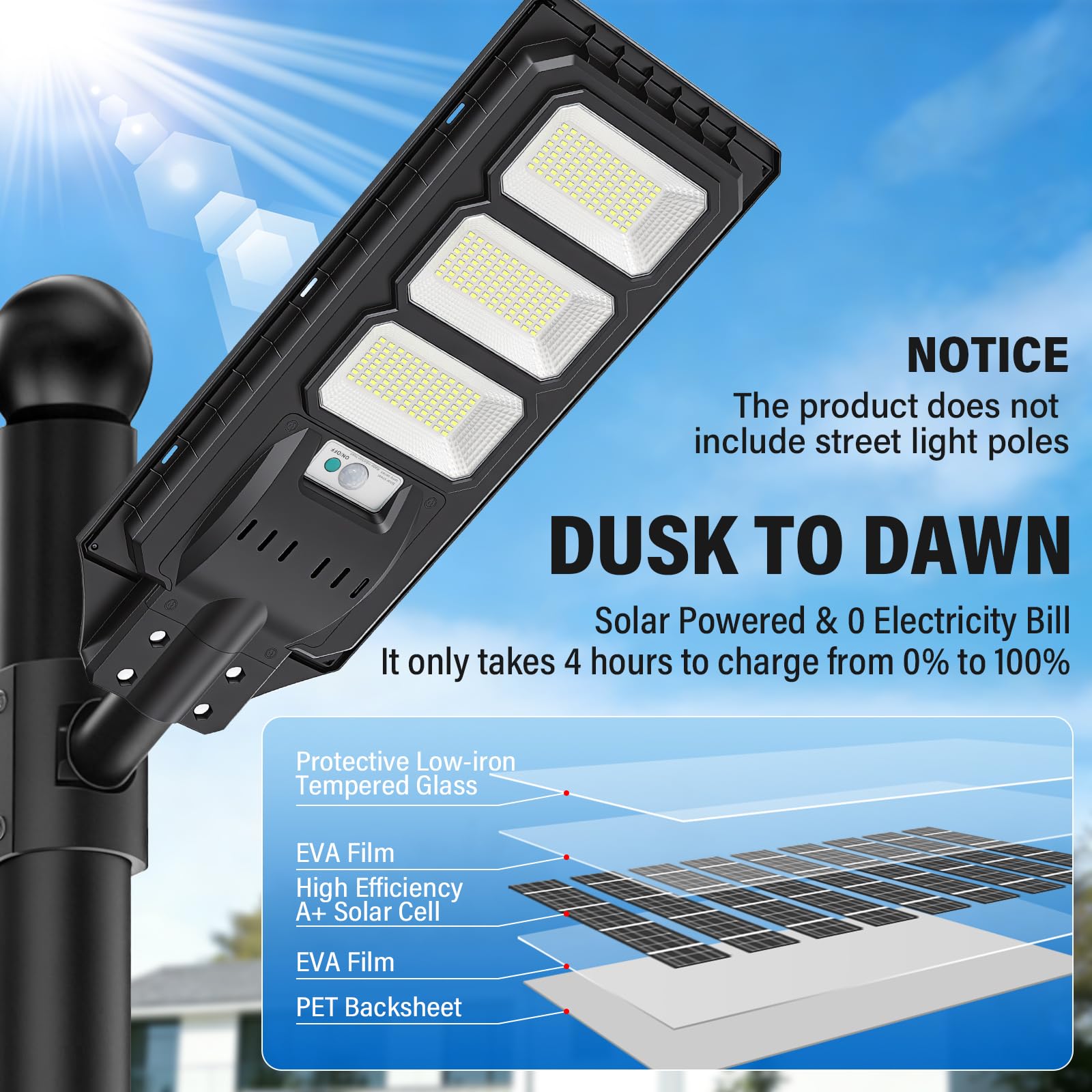 288 LED Lampioni solari esterno Accensione crepuscolare bianca 6000K | Sensore movimento radar, telecomando, illuminazione temporizzata, palo non incluso, IP66, per giardino e parcheggio