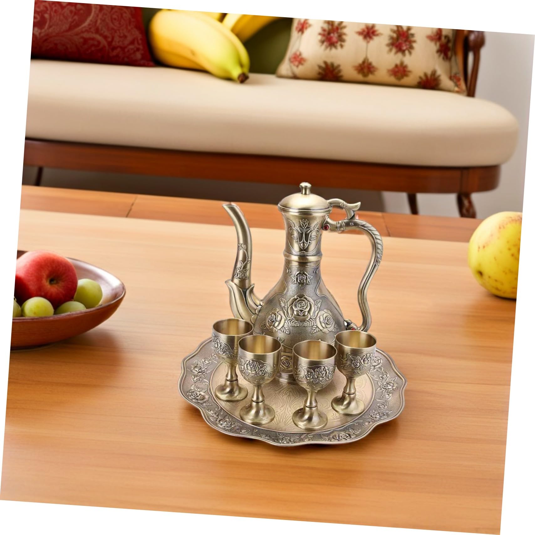 GLEAVI Weinkelchset aus Zinklegierung mit Weinkaraffe Gläsern und Tablett Elegant Vintage Design Verblassfest und Einfach zu Reinigen für Teeparty und Tischdekoration