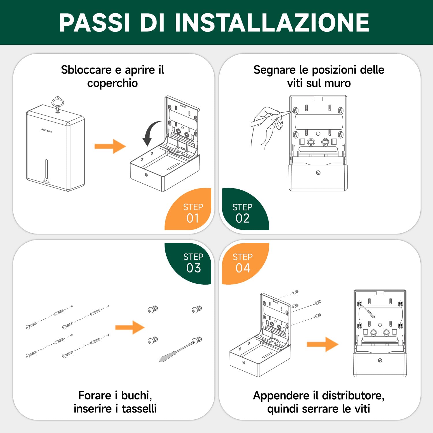 anydry Dispenser Asciugamani di Carta a Parete, Piega H3/V/ZZ, Dimensioni Da Piegato Max 25,2 x 11,5 cm, Modello 5302H, Argento