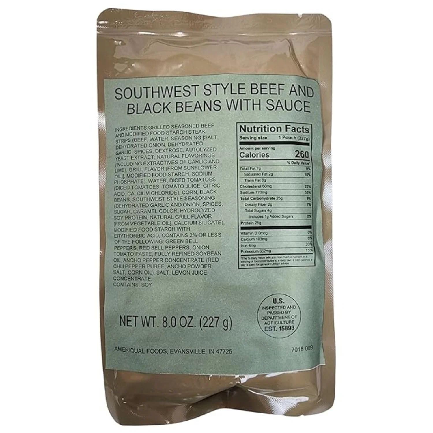 Military Outdoor Clothing MRE(Meal-Ready-to-Eat) Entre: Southwest Style Beef And Black Beans With Sauce (1 Pack)