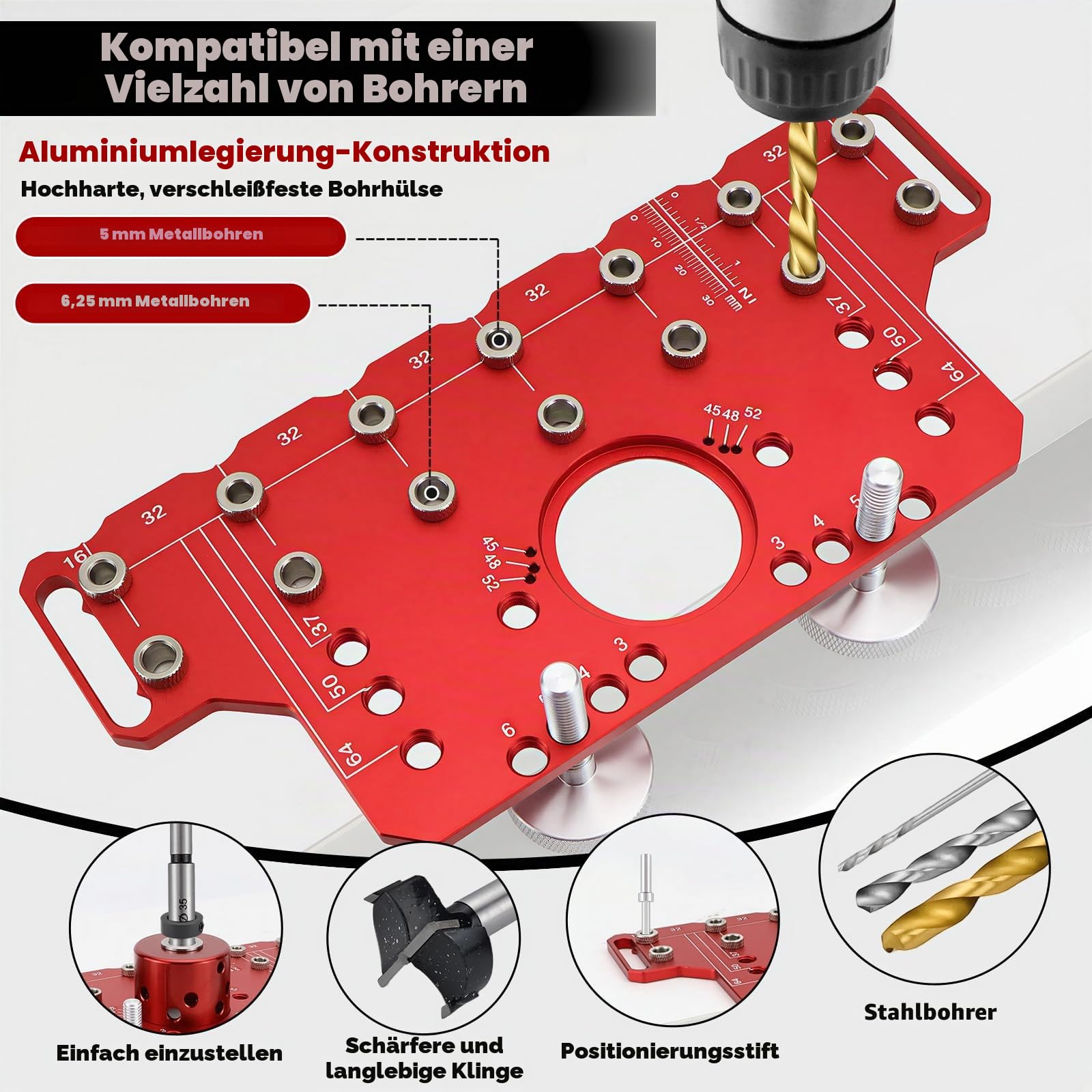 2 in 1 Bohrschablone, 35mm Scharniervorrichtung, Lochreihenschablone für Regalstifte, inkl. 5mm und 1/4 Zoll Bohrer, Präzises DIY Holzbearbeitungswerkzeug für Möbelbau