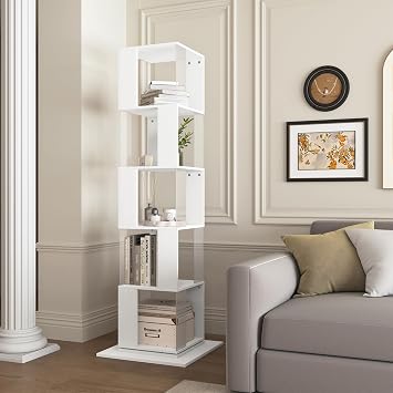 5 Tier Rotating Bookshelf, 360 Display Spinning Bookshelf Tower Corner Tall Floor Standing Swivel Bookcase Narrow Storage Organizer for Bedroom, Living Room, 5 Tier White