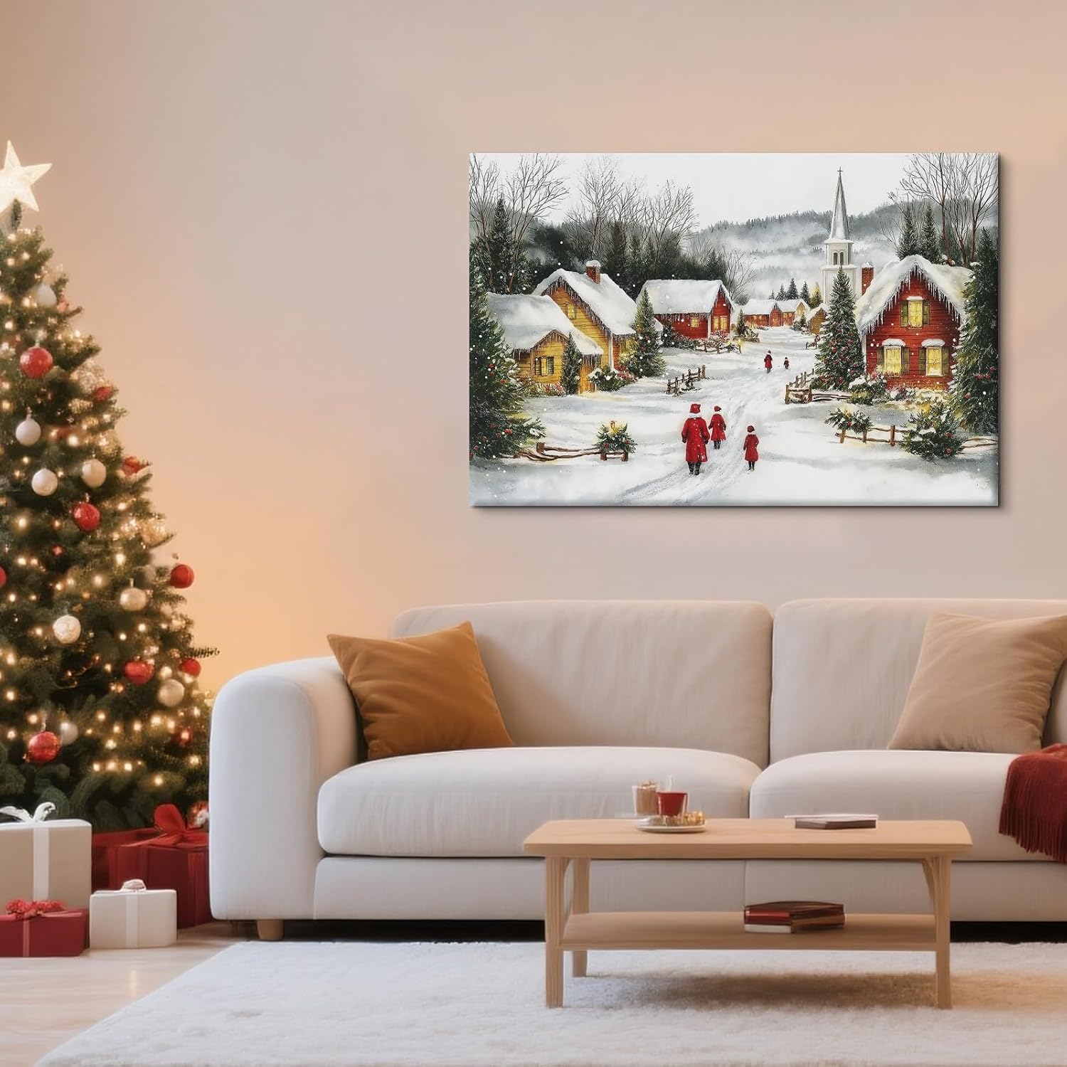Craftline - Village Christmas Framed Canvas Wall Art, Icy Town in Snowfall Pathway Picture Winter Country Artwork Farmhouse Cottage Wall Art Mantelpiece Holiday Bedroom Decor 16x12inch