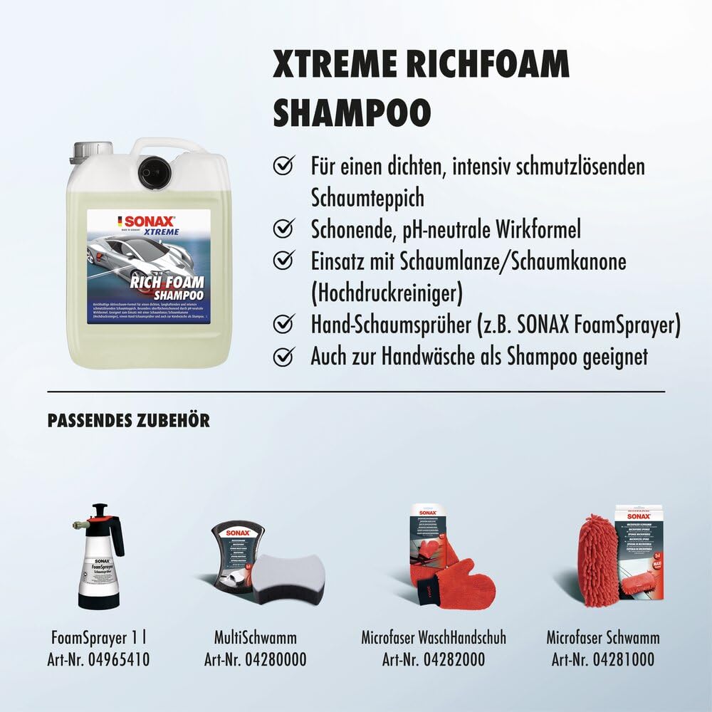 SONAX XTREME RichFoam Shampoo (5 Liter) mit kraftvoller Schmutzlösung und fruchtigem Berry-Duft für das komplette Fahrzeug | Art-Nr. 02485000
