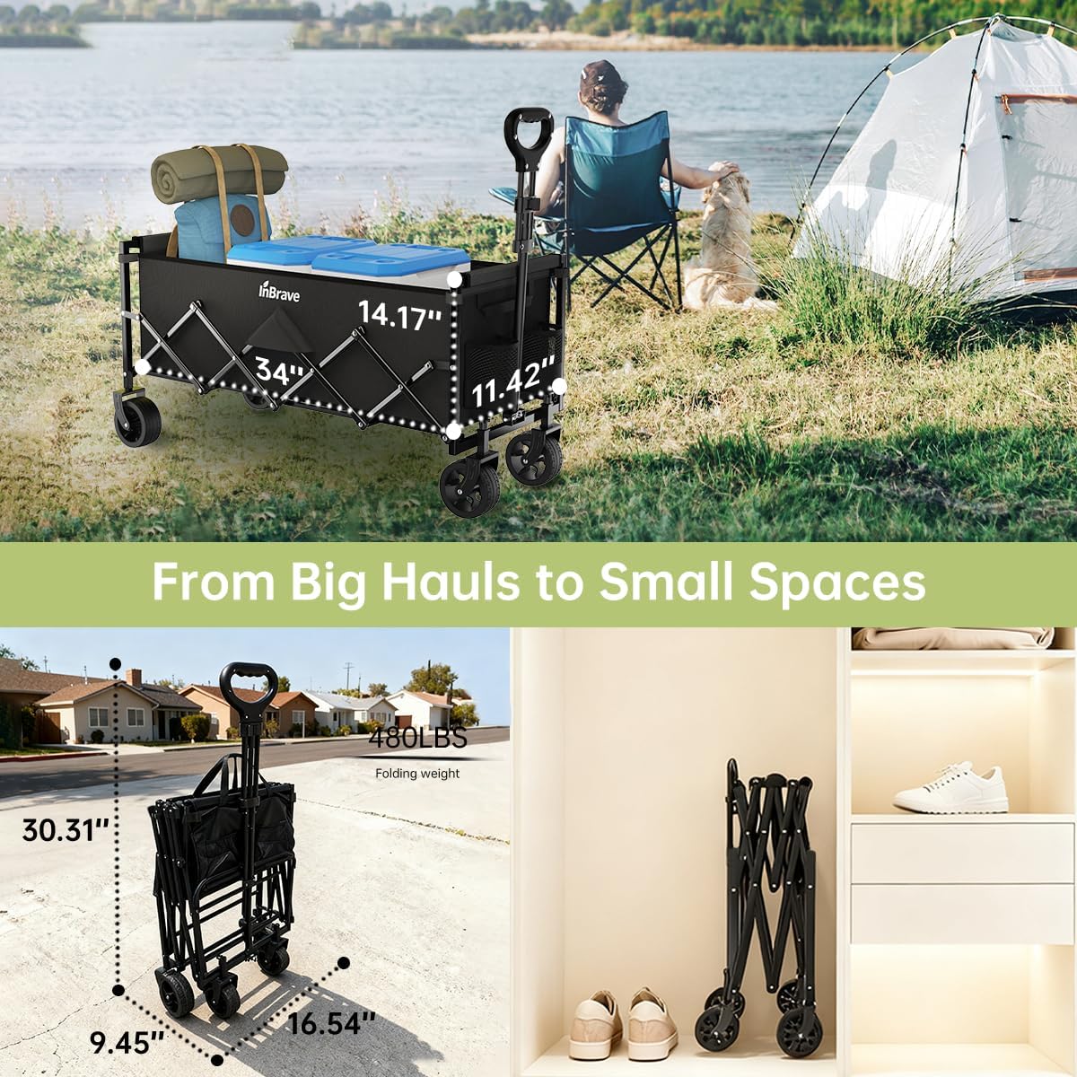 Extra Long Collapsible Wagon Cart, 480LBS Heavy Duty Utility Wagons with All-Terrain Wheels, Foldable Grocery Carts for Gardening, Shopping, Beach, Camping, Black Ebony