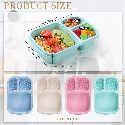 Miniatura 3 de Lonchera Bento de 20 piezas, recipientes de preparación de comidas de 3 compartimentos para niños, recipientes de almuerzo de paja de trigo,