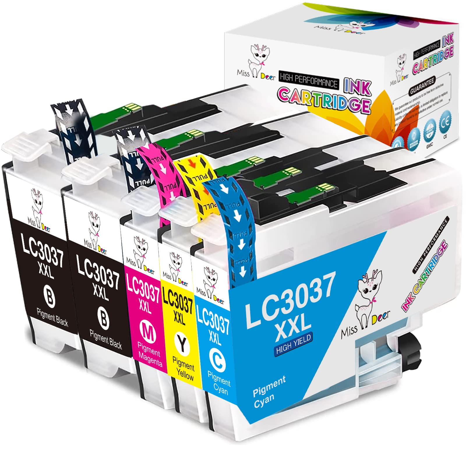 Miss Deer LC3037 XXL Ink Cartridges(Upgraded Chip) Compatible Replacement for Brother LC3037 LC3037XXL LC3039, High Yield use with MFC-J6945DW MFC-J5845DW XL MFC-J5945DW MFC-J6545DW XL (2BK/C/M/Y) 5PK