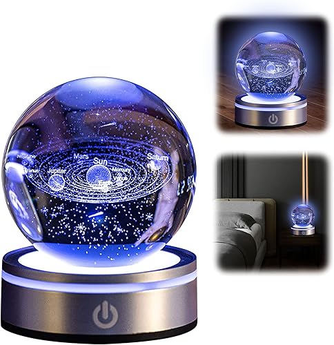 Bola de cristal del sistema solar 3D con base táctil de iluminación colorida LED, 3.15 pulgadas, decoración del modelo del sistema solar, planetas