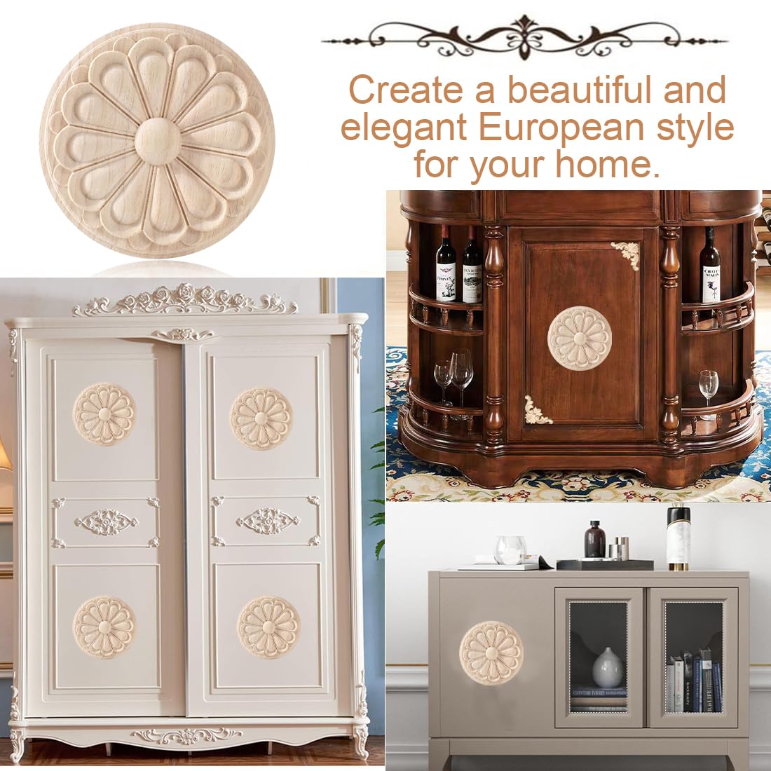 Applique In Legno Intagliato Stile Europeo Vintage | 4 Pezzi | Non Dipinto | Per Decorazione Mobili E Pareti - Foto 2