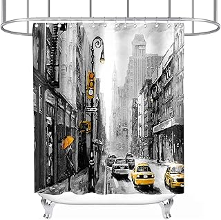 New York City Shower Curtain Snow Retro Car Modern Manhattan Theme for Kids Bathroom Decor Cloth Fabric Sets with Hooks Waterproof Washable 72 x 72 Inches Yellow White and Black - Buy now