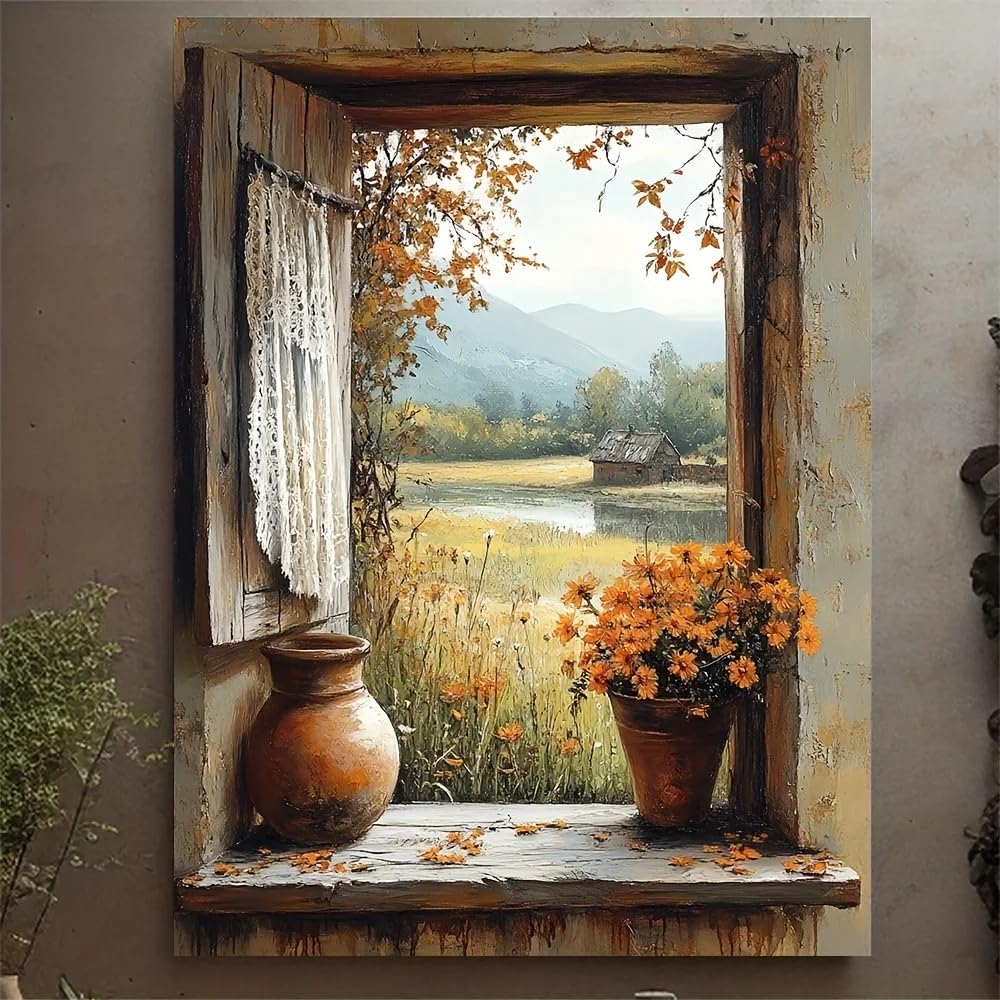 GOSRD Canvas Prints Art Rustic Window View Country Landscape With Orange Flowers Mountain Farmhouse Style(70x110cm/Frameless)