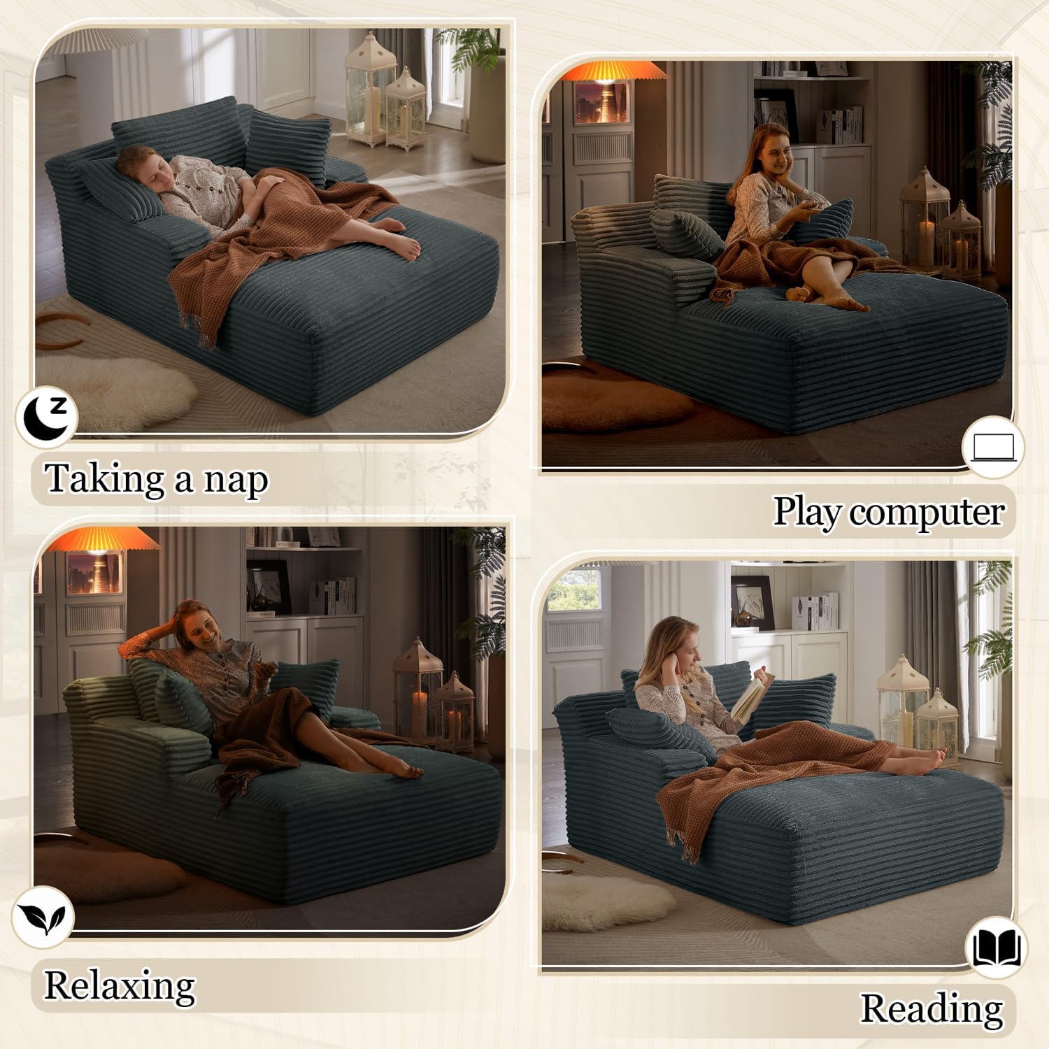 67" Oversized Chaise Lounge Chair Indoor,Boneless Corduroy Sofa Bed with Spring Cushion,Deep Seat Cloud Couch and Reading Lounger,Soft Sleeper Sofa for Living Room,No Assembly Required, Dark Grey