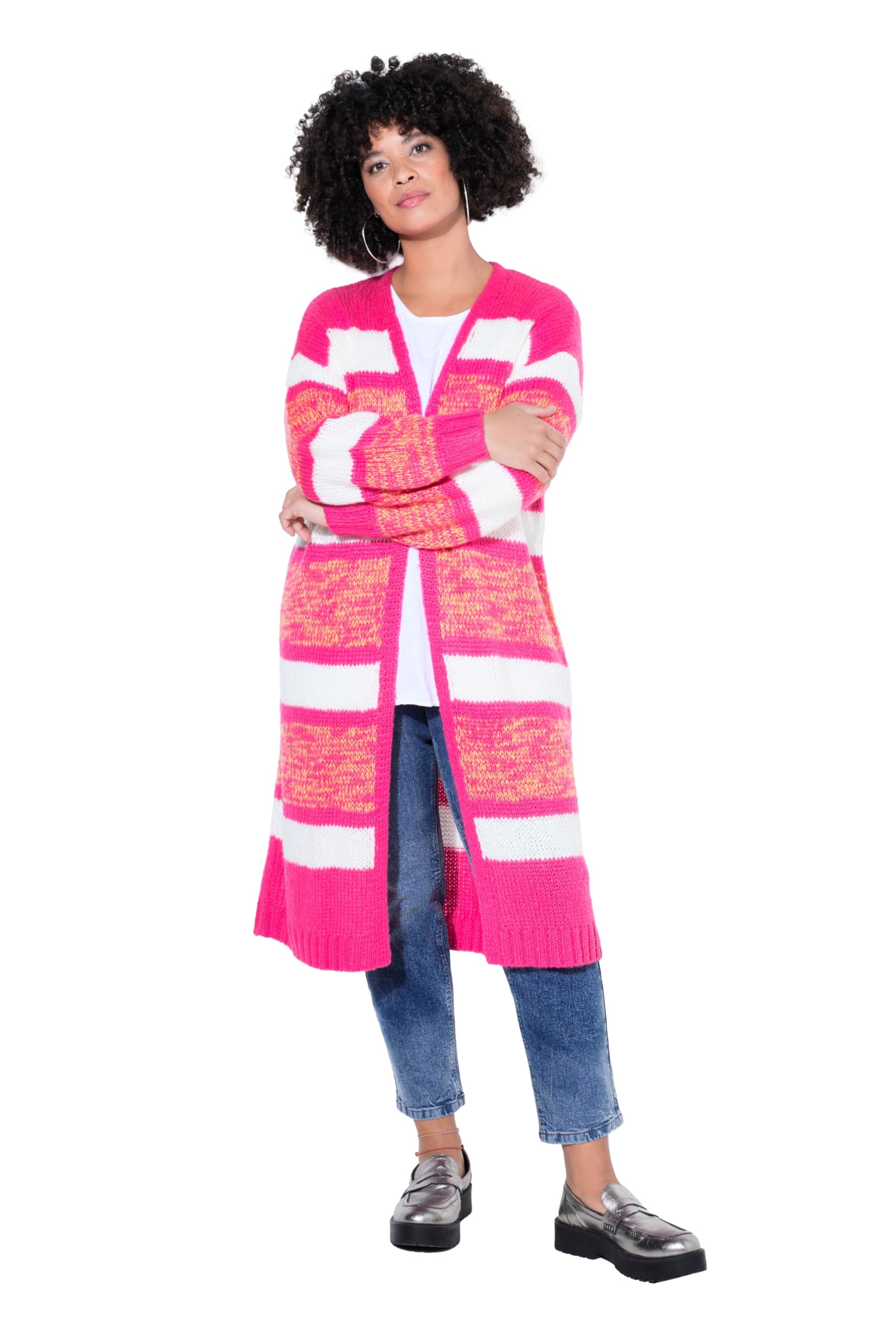 Angel of Style Damen große Größen Übergrößen Plus Size Long-Strickjacke, Straight Fit, offene Form, Ringel 849627
