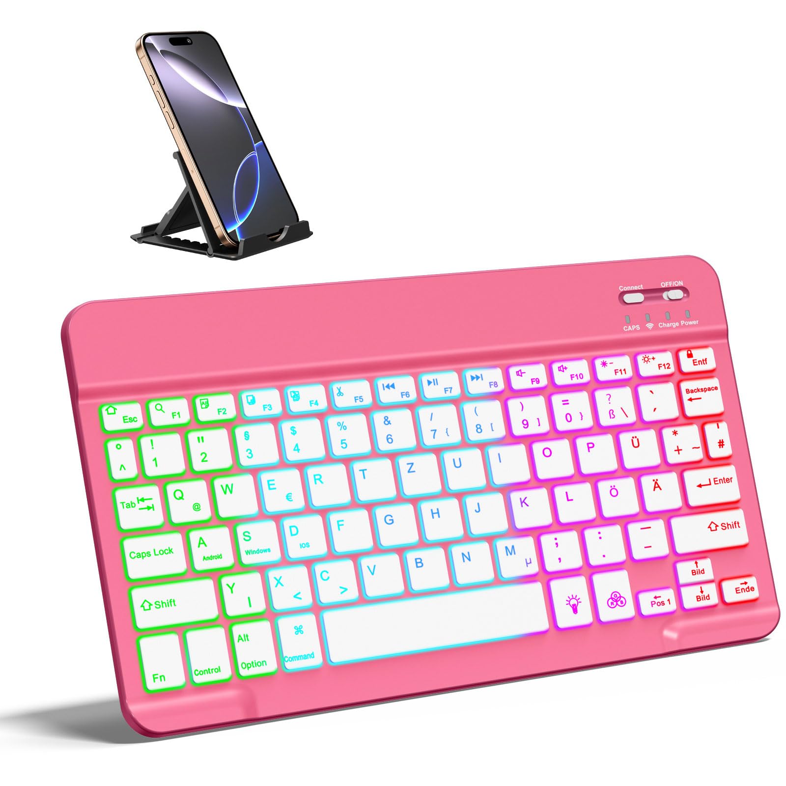 Vobafe Bluetooth Tastatur mit Telefonhalter für iPad Air/Pro/Mini/A16/11/10.9/10.2/iPhone, Kabellose Tablet Keyboard für iOS/Android/Windows, Deutsche QWERTZ, 7 Farben Beleuchtete, Rosa