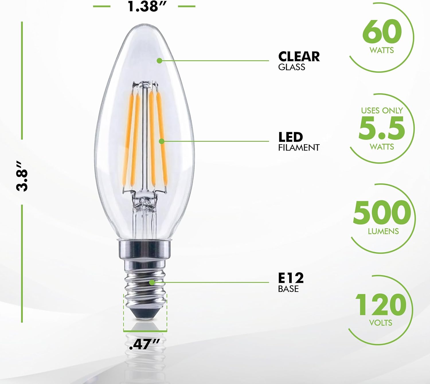 KOR (12 Pack) 60-Watt Equivalent LED E12 Candelabra Base B11 Dimmable Clear Filament Vintage Style Light Bulb 2700K Warm White Decorative 60W LED Chandelier Ceiling Fan Bulbs. (New Version)
