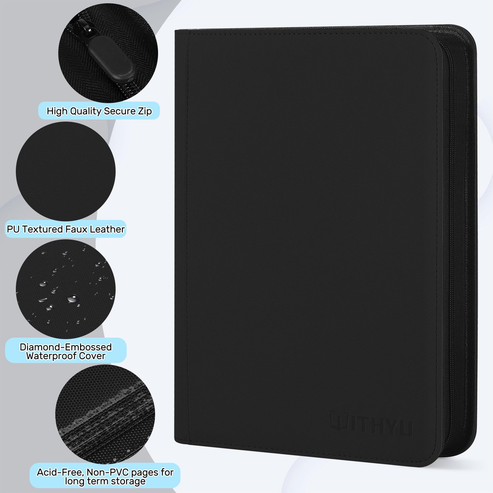 WITHYU Album da Collezione per Carte con 9 Tasche, Capienza 540 Carte - Portacarte Impermeabile con Caricamento Laterale e Cerniera per TCG, Calcio & Collezione, Portatile (Nero)