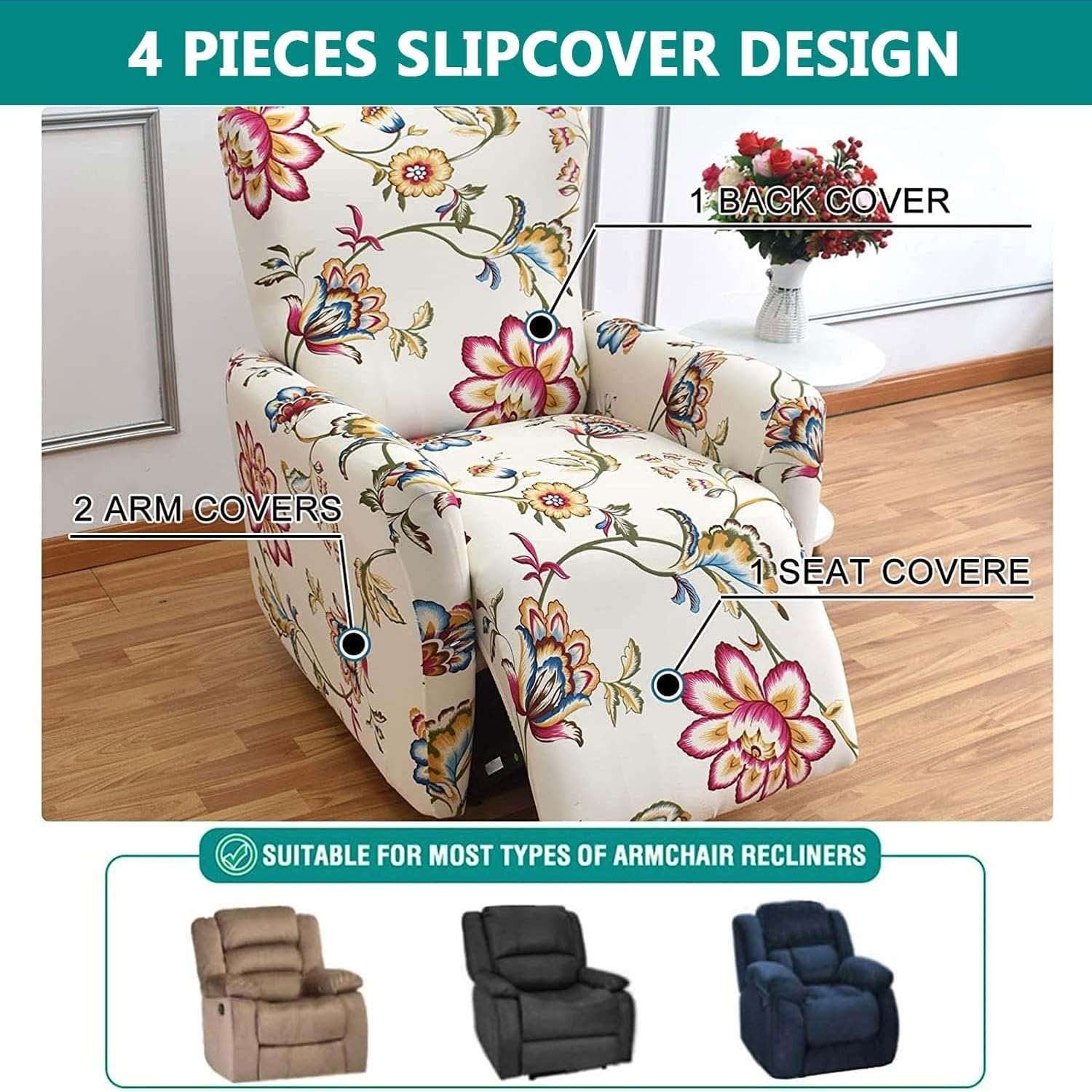 4-Pezzi Copripoltrona Relax Reclinabile Universale, Moderna Fodere Copripoltrona Reclinabile 1 Posto Elasticizzato Lavabile Rimovibile,Copertura per Poltrona Reclinabile(G)