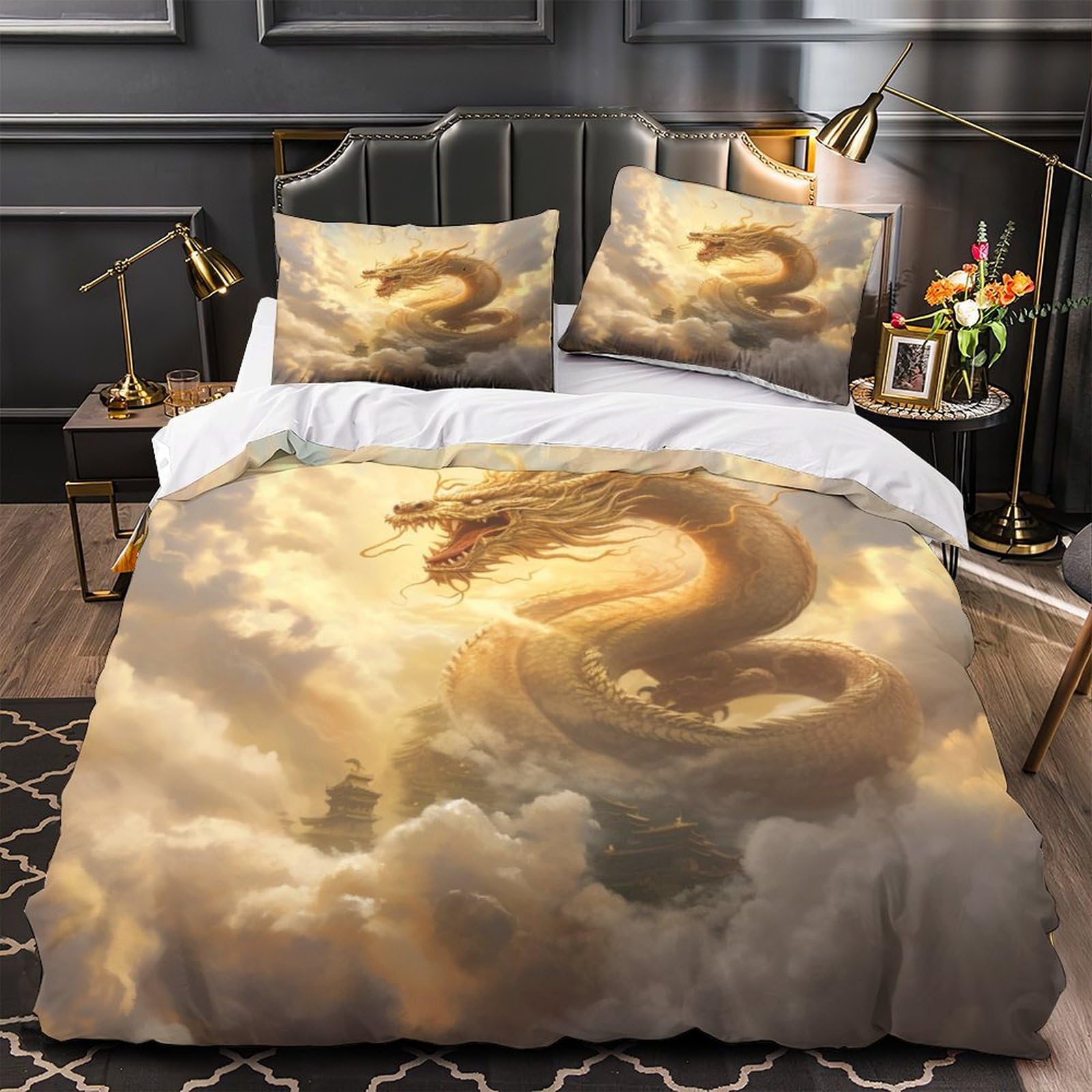 Stampato in 3D Loong cinese Copertina Stampata Microfibra Disegnata Biancheria Da Letto Ipoallergenico Set 3 Pezzi,Double（200x200cm）, Per Ragazzi Adulti