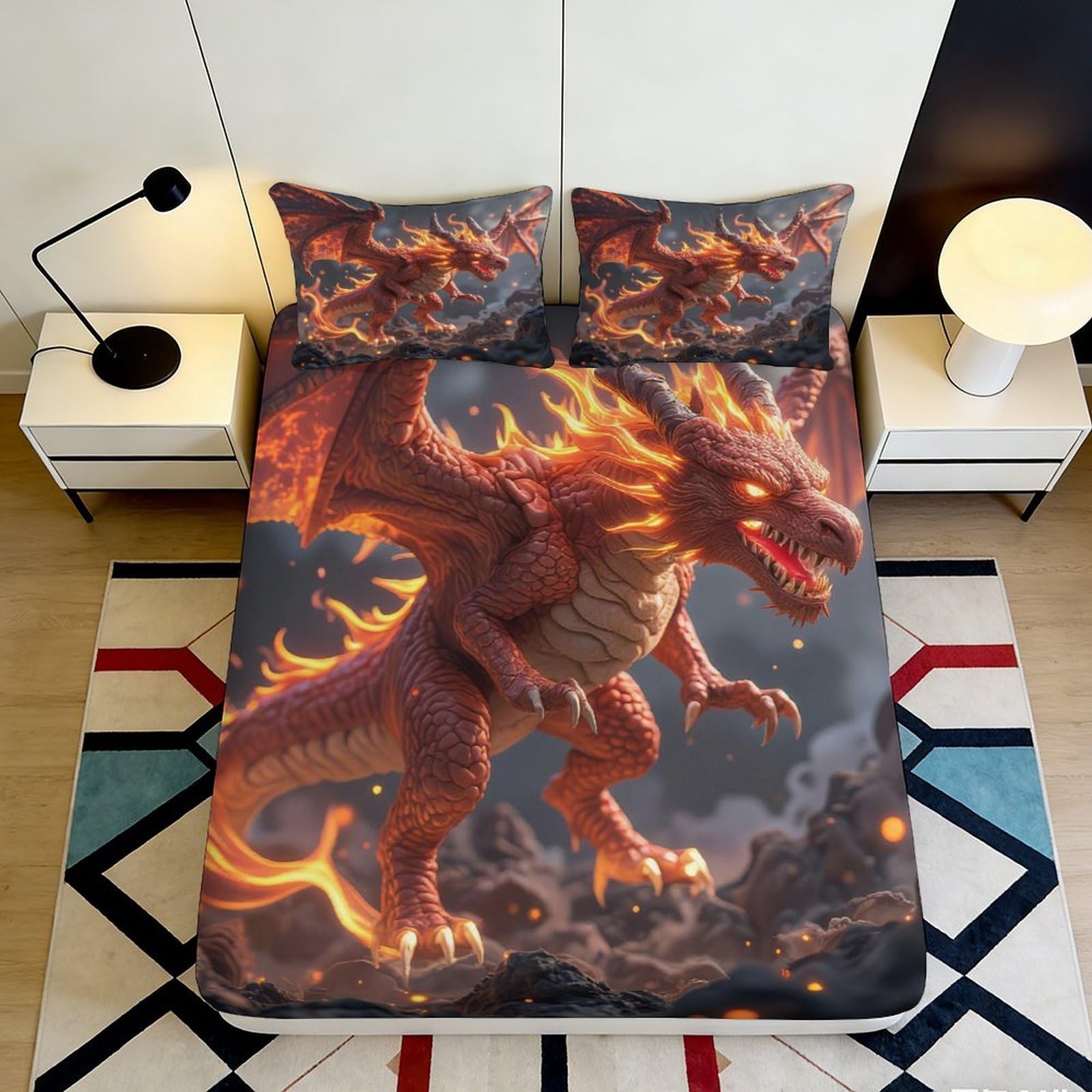 Pnayamiorkfel Style-5 3D Printed Fire Dragon Fitted Sheet Microfiber Anti-Slip Bed Cover For Bedroom Dorm Artistic Mattress Protection Decor 90X200x25cm