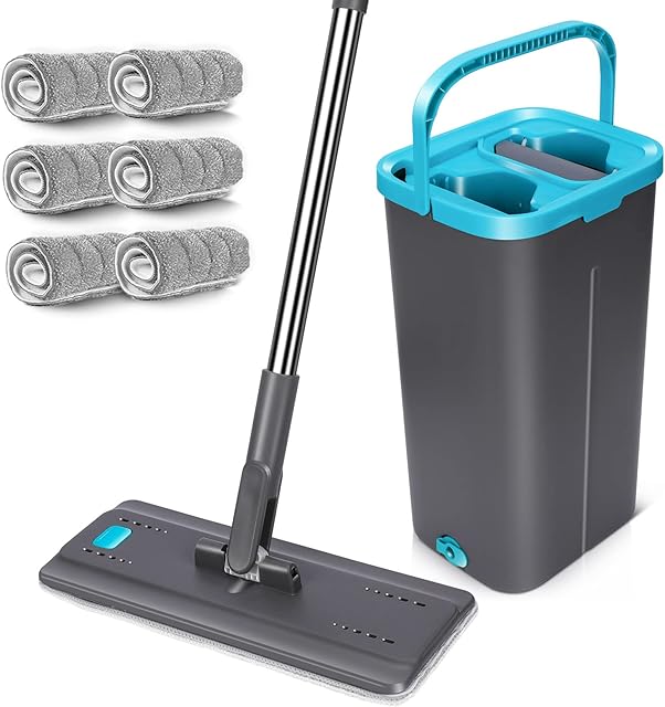 Flat Mop Bucket with Wringer Hands-Free, Microfiber Flat Mop with Bucket, 6 Reusable Microfiber Mop Pads, 57.6''Extended Stainless Steel Handle for Hardwood, Laminate, Tiles, Vinyl