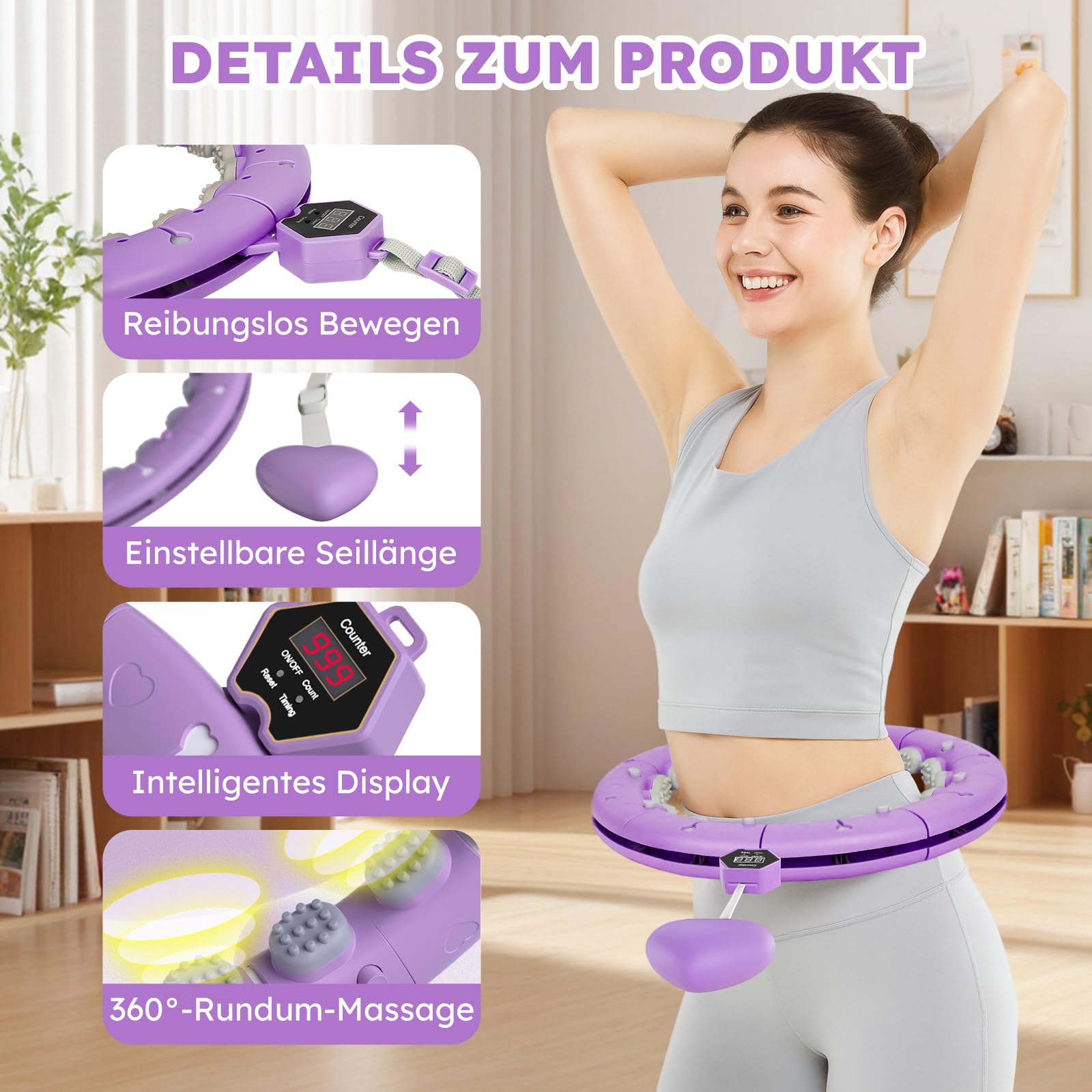 Smart Hula Hoop Reifen Erwachsene mit Gewicht Kugel und Hüftgürtel, Umfang (70-130cm) Abgebauter Fitnessreifenl, Hoopie Der Nie Herunterfällt für EIN Lustiges Training