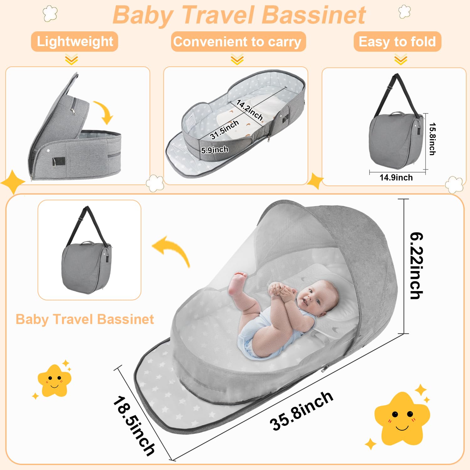Portable Bassinet for Baby Travel & Home - Lightweight Foldable Bedside Sleeper with Breathable Mesh, Carry Bag & Storage Pocket, Compact Bassinets for Newborn Infant, Safe Cosleeping Design - Image 5