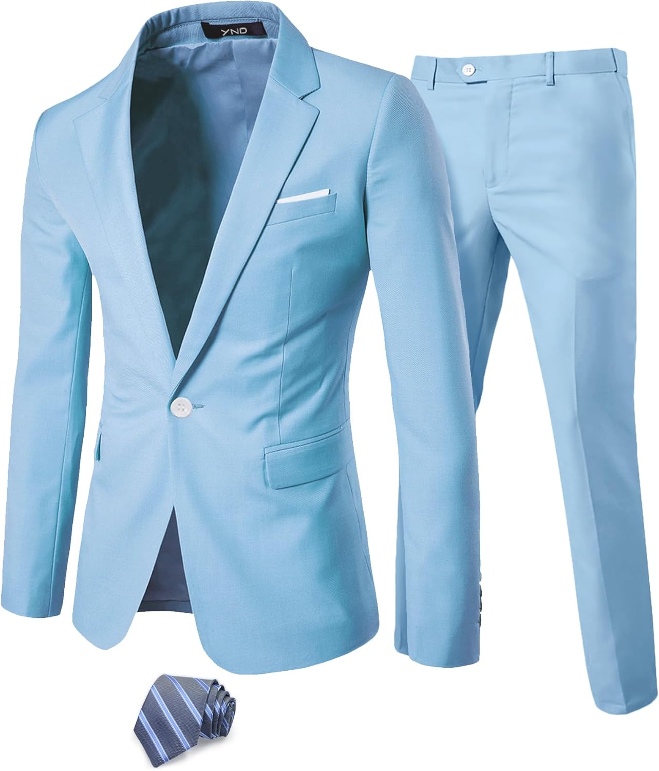 YND Men's 2 Piece Suit with Tie, One Button Slim Fit Solid Jacket and Pants Set, Suits for Men Prom Party Wedding & Business