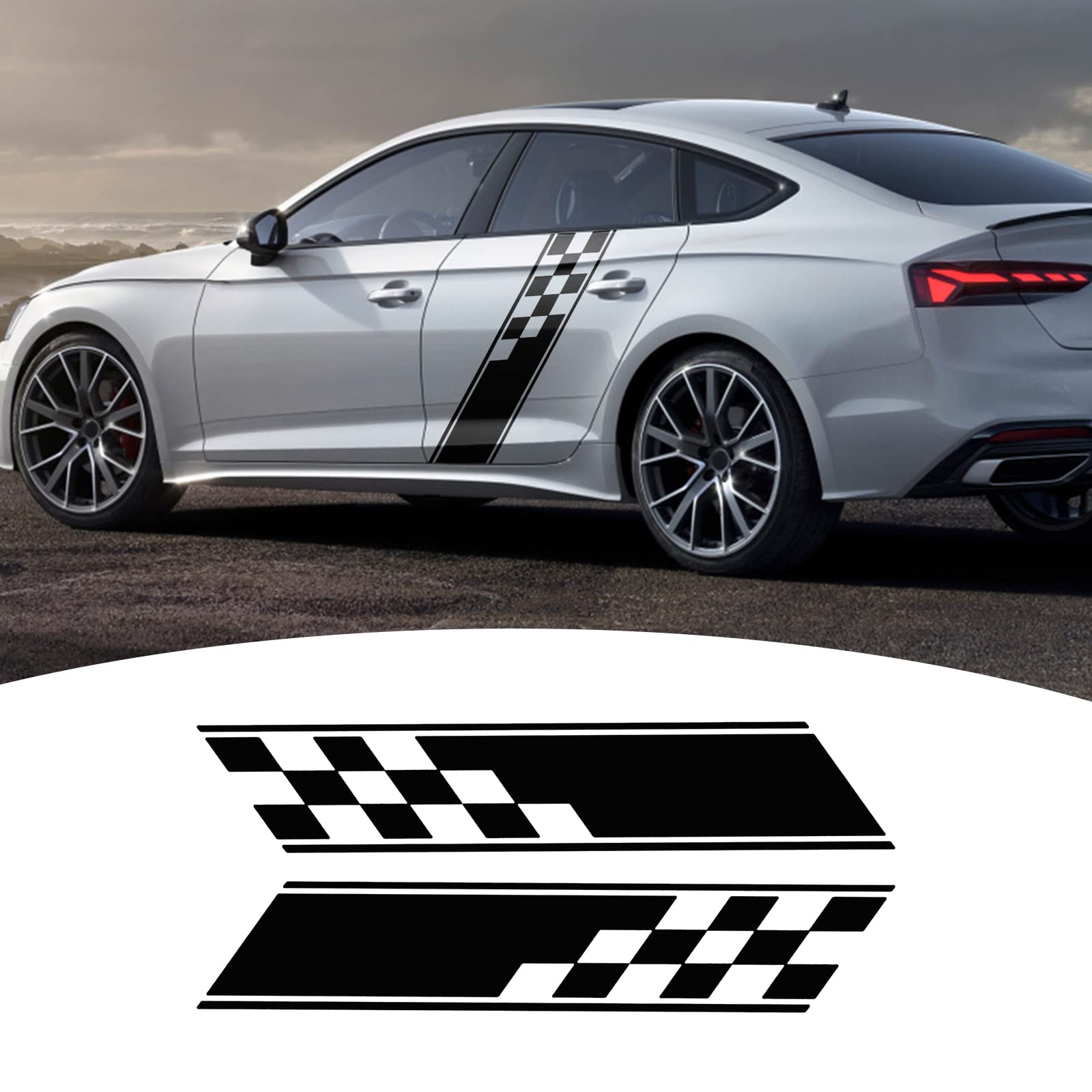 Vinyl Black Plaid Sports Stripe Graphic Car Body Decals 2Pcs Fashionable Racing DIY Modified Stickers for All Car Truck Jeep SUV Off-Road Vehicles
