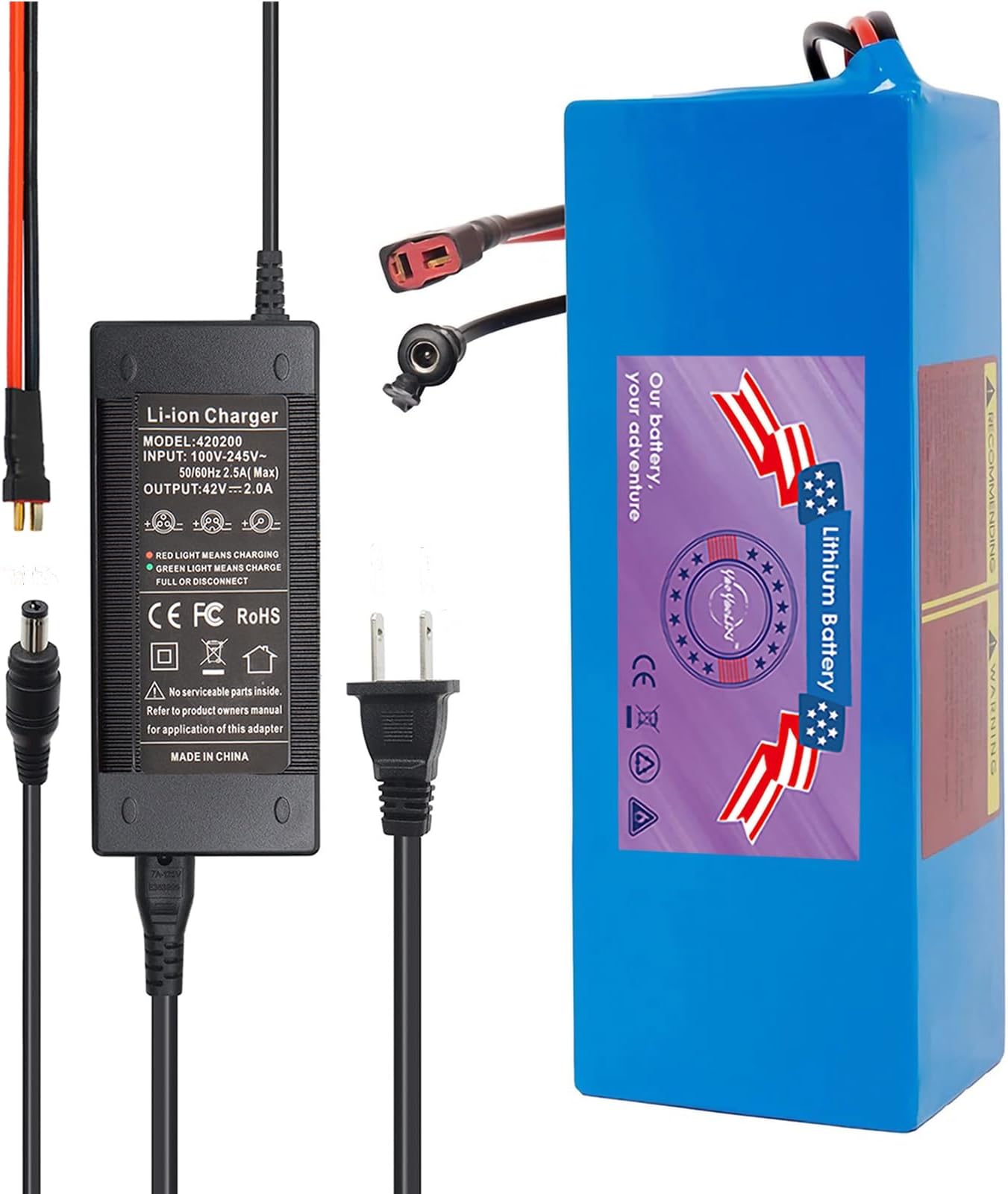 ‌48V 10Ah Lithium Battery for E-Bike & Scooter - 200-1200W Compatible with 30A BMS, T-Plug Connector & 2A Charger Included (48V10Ah&Charger)