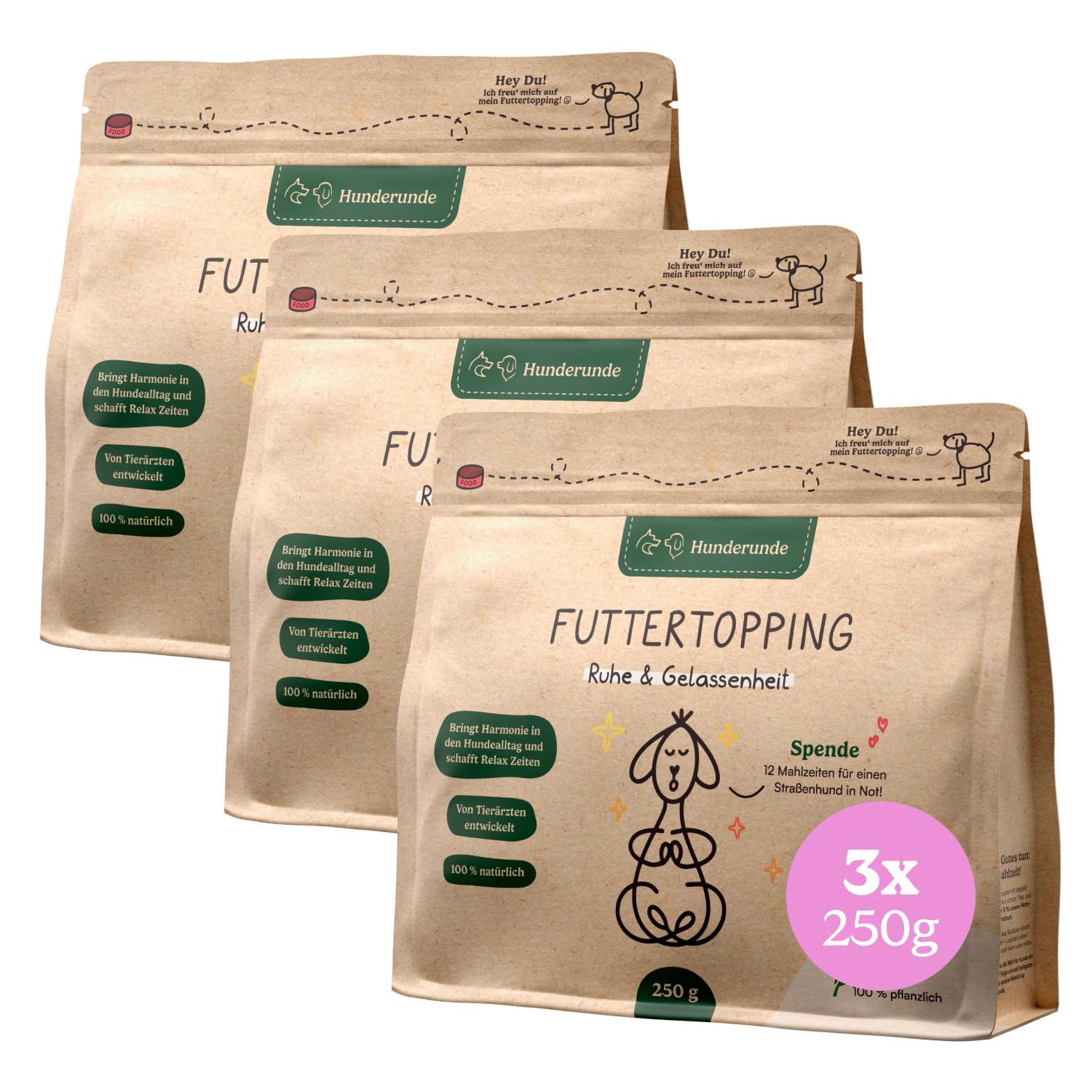 HUNDERUNDE Nahrungsergänzungsmittel Hund - Gesundheitsprodukte für Ruhe & Gelassenheit 3x250g - Foodtopping (3, Ruhe & Gelassenheit)