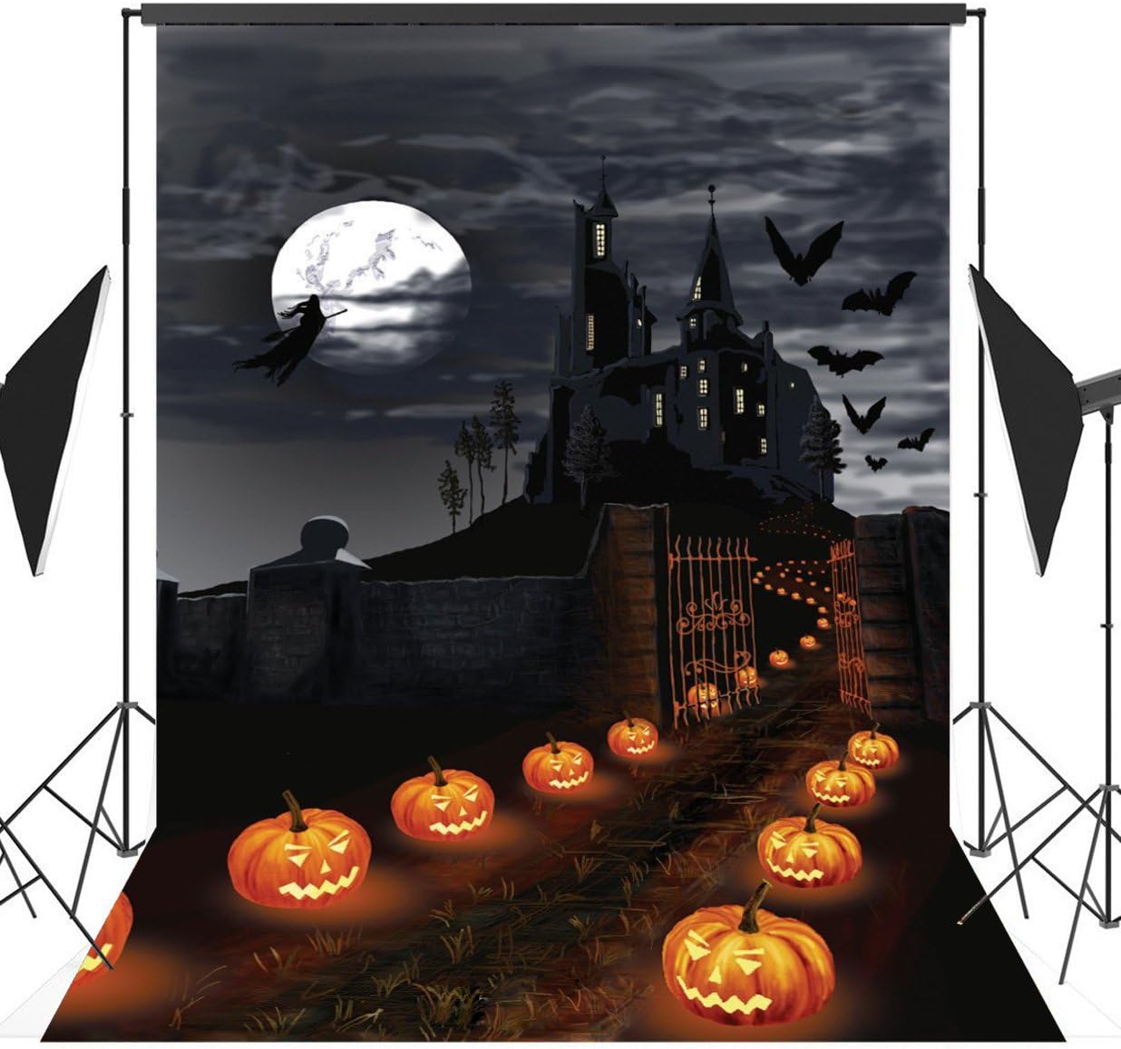 5x7ft Halloween Horror Nights Moon & Mysterious Terror Castle & Costume Party Masquerade Decoration Photography Backdrop Vinyl Pictorial Cloth Photo Video Studio Props Customized Background AA-036