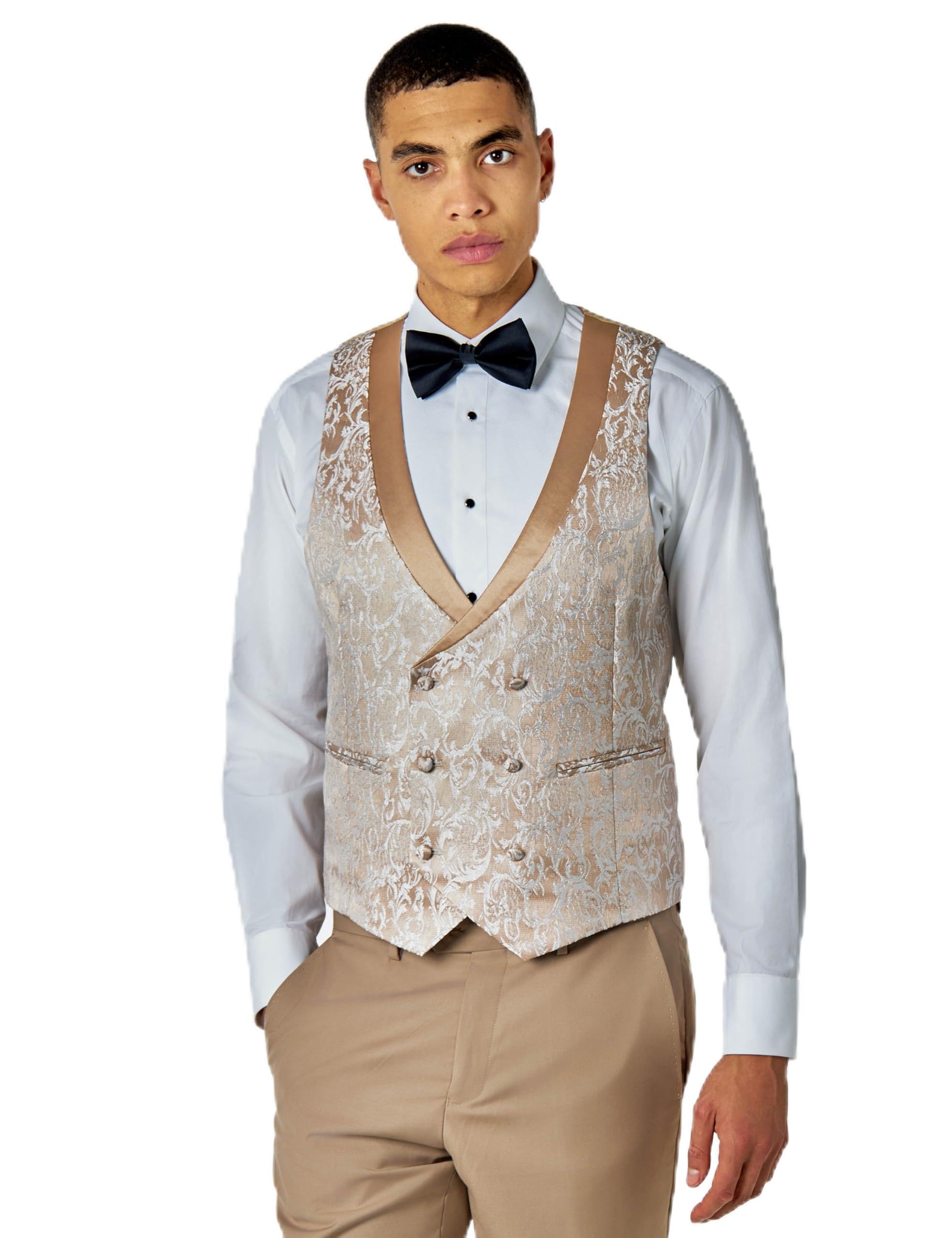 Xposed Men's Champagne Cream Champagne Gold Damask Tuxedo Waistcoat Dinner Party Vest [Wc-V8231-A10-Louis-Cream, Uk/Us 48 Eu 58]
