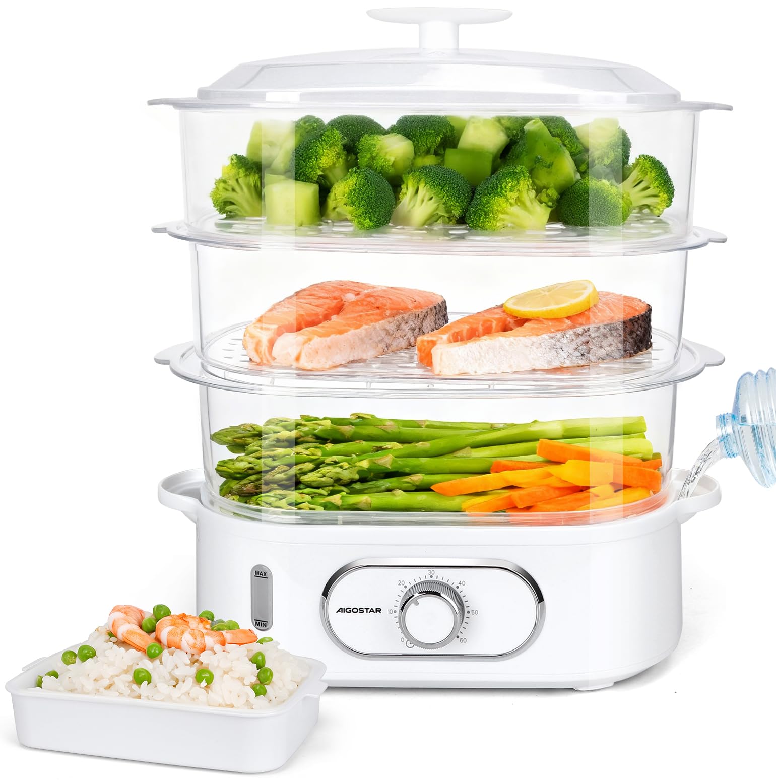 Aigostar Vaporera Eléctrica 12L, 3 Recipientes Apilables Independientes, Cuenco para Arroz, Soporte para Huevos, Temporizador 60 Minutos, Base Antideslizante, Sin BPA, 900W, Blanco