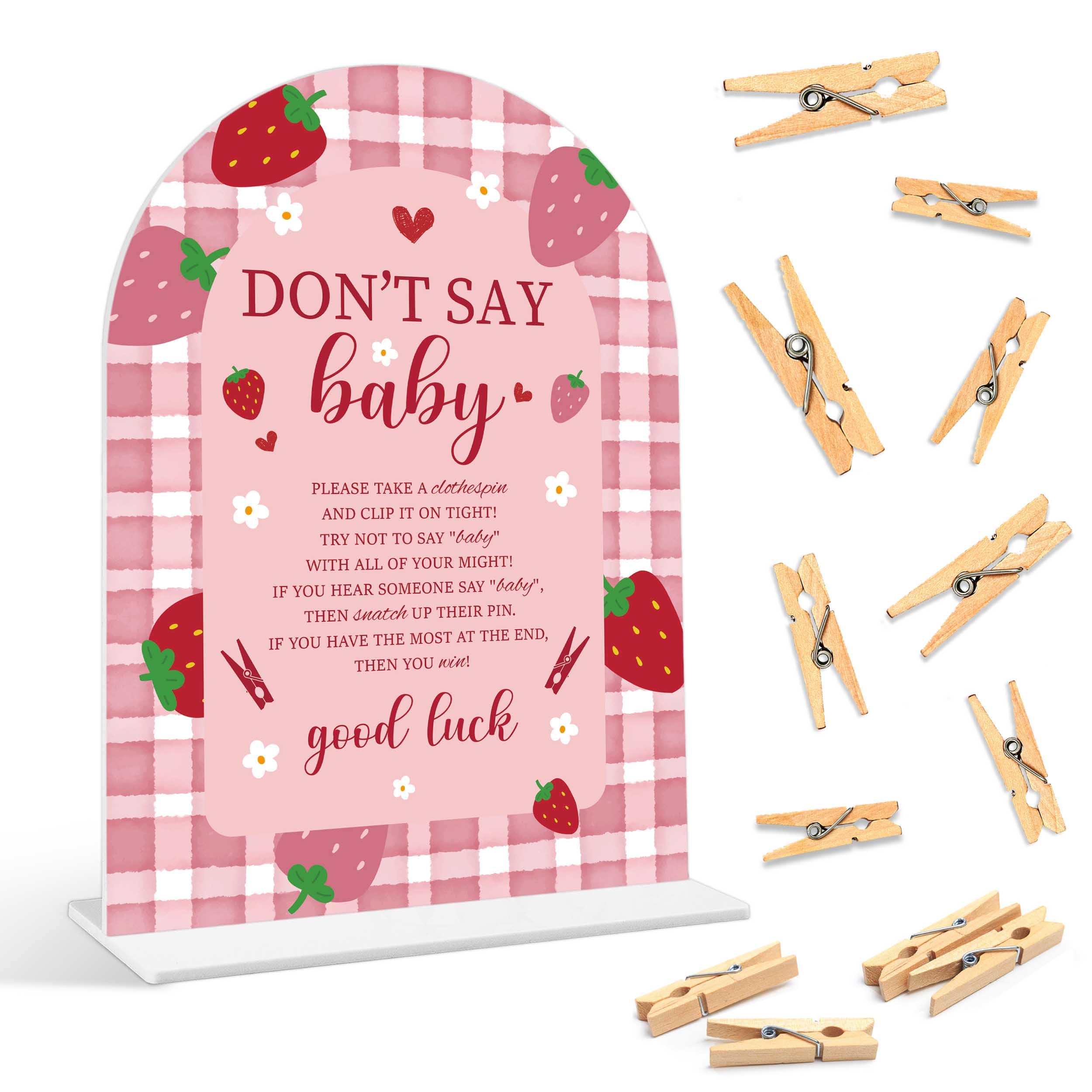 Baby Shower Games - Strawberry Don't Say Baby Clothespin Game, 1 Arch Acrylic Sign and 50 Mini Clothespins, Gender Reveal Game, Berry Baby Shower