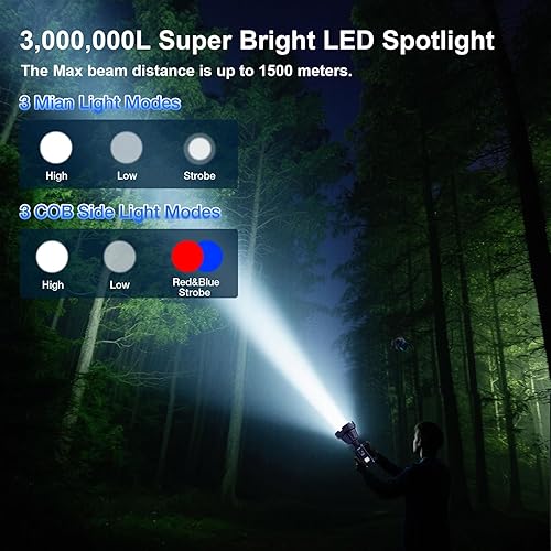 Miniatura 9 de Linternas recargables de alto lúmenes, 900.000 lúmenes LED linterna táctica de mano alimentada con batería con 7 modos de luz, luz lateral COB,