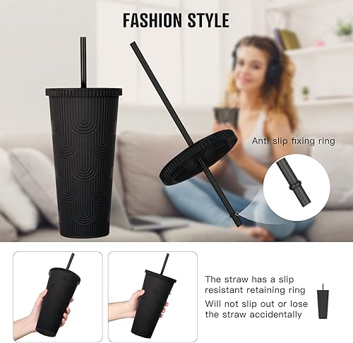 Miniatura 2 de Vaso de 24 onzas con tapa y pajita, vaso doble Venti con ondas de agua con tachuelas, 100% libre de BPA, a prueba de fugas, boca ancha, regalos de