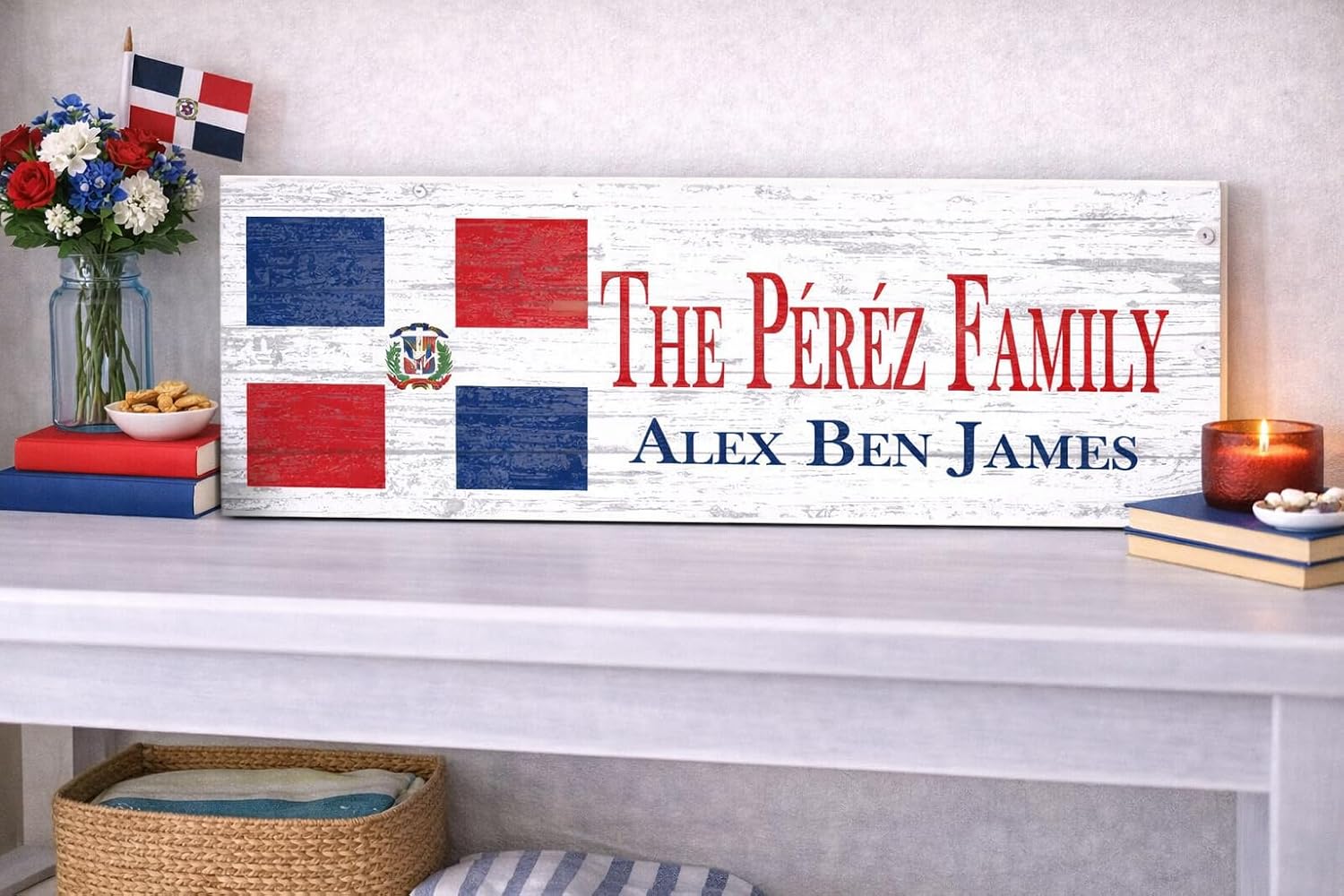 Wooden Dominican Flag Sign - Custom Family Name - Personalized Dominican Republic Heritage Gift - 16.5in x 5.5in Solid Wood