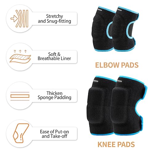 Miniatura 3 de YEEKORO Juego de rodilleras y coderas para niños, rodilleras ajustables para jóvenes, juegos de protección con almohadillas gruesas SBR para montar,