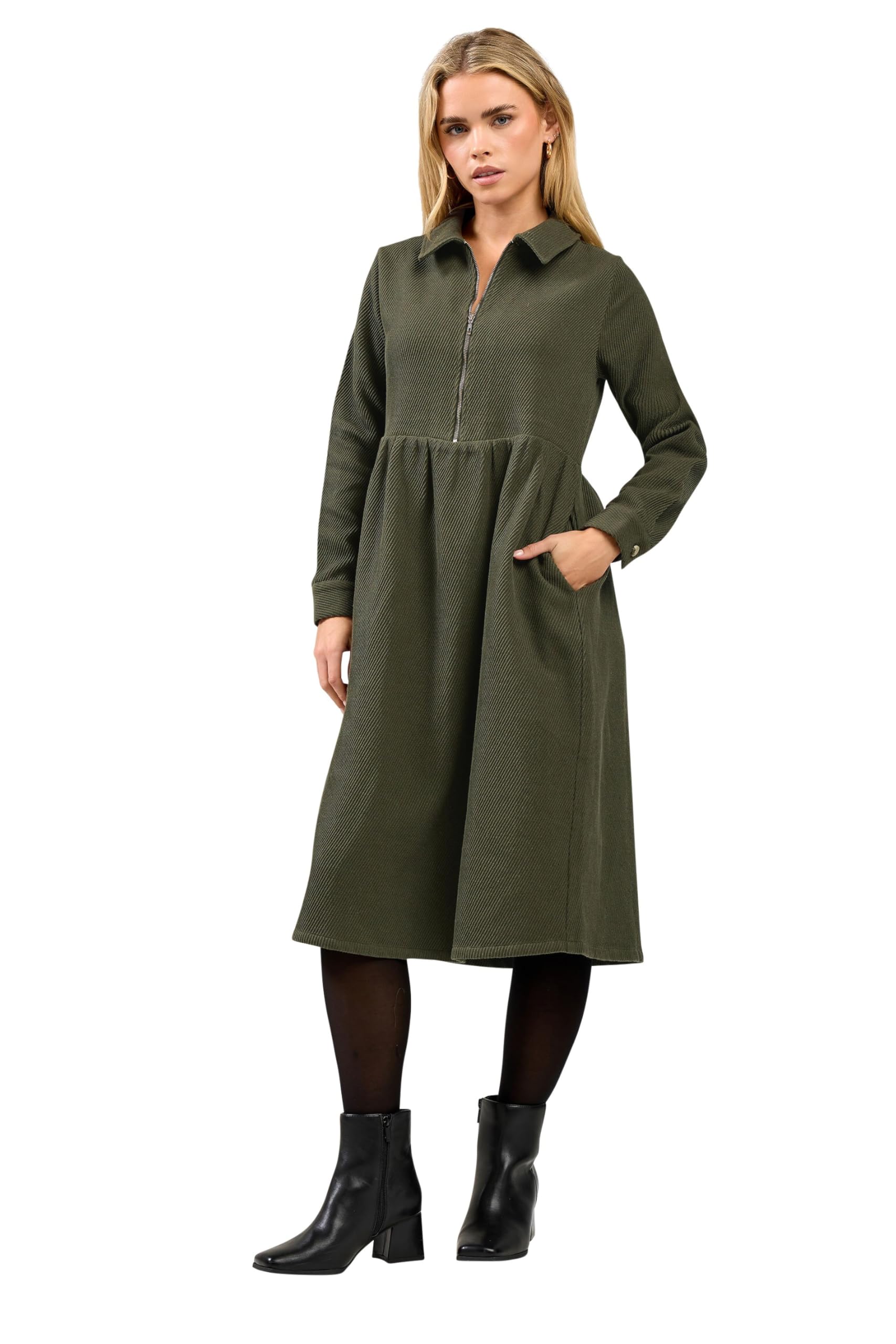 M&Co Women's Dark Green Petite Zip Detail Twill Dress In | : Size 16