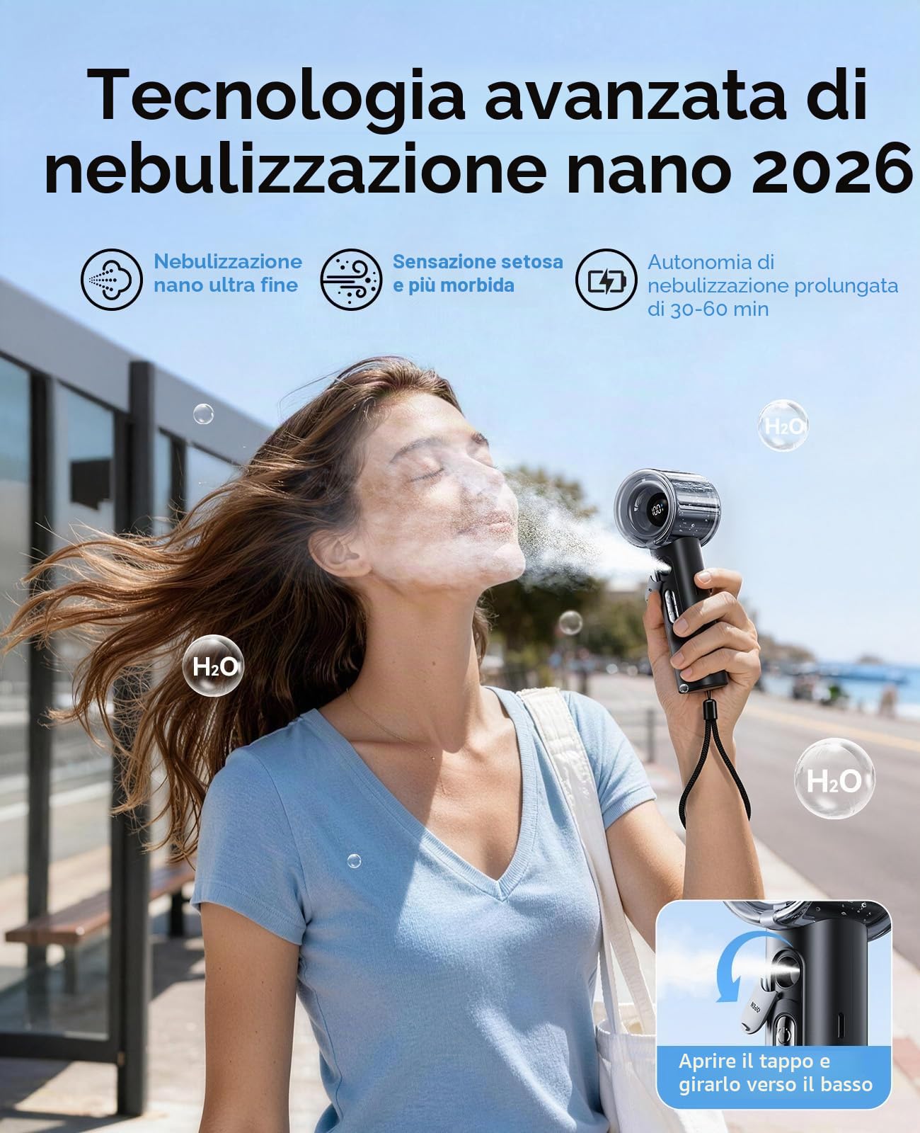 KIMMOO Ventilatore Portatile Turbo con Spruzzo di Nebbia, Potente 25000 RPM, Velocità (1-100), Serbatoio Acqua 50ml, Ventilatore Personale Ricaricabile USB, Piccolo Ventilatore da Tasca per Viaggio