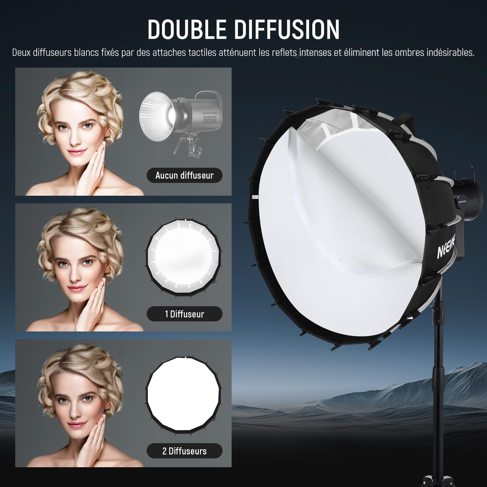 NEEWER Kit de boîte à lumière parabolique Bowens - 60 cm - avec diffuseurs de lumière - pour Studio de Photographie, Enregistrement vidéo, Diffusion en continu - Compatible avec Aputure 120d