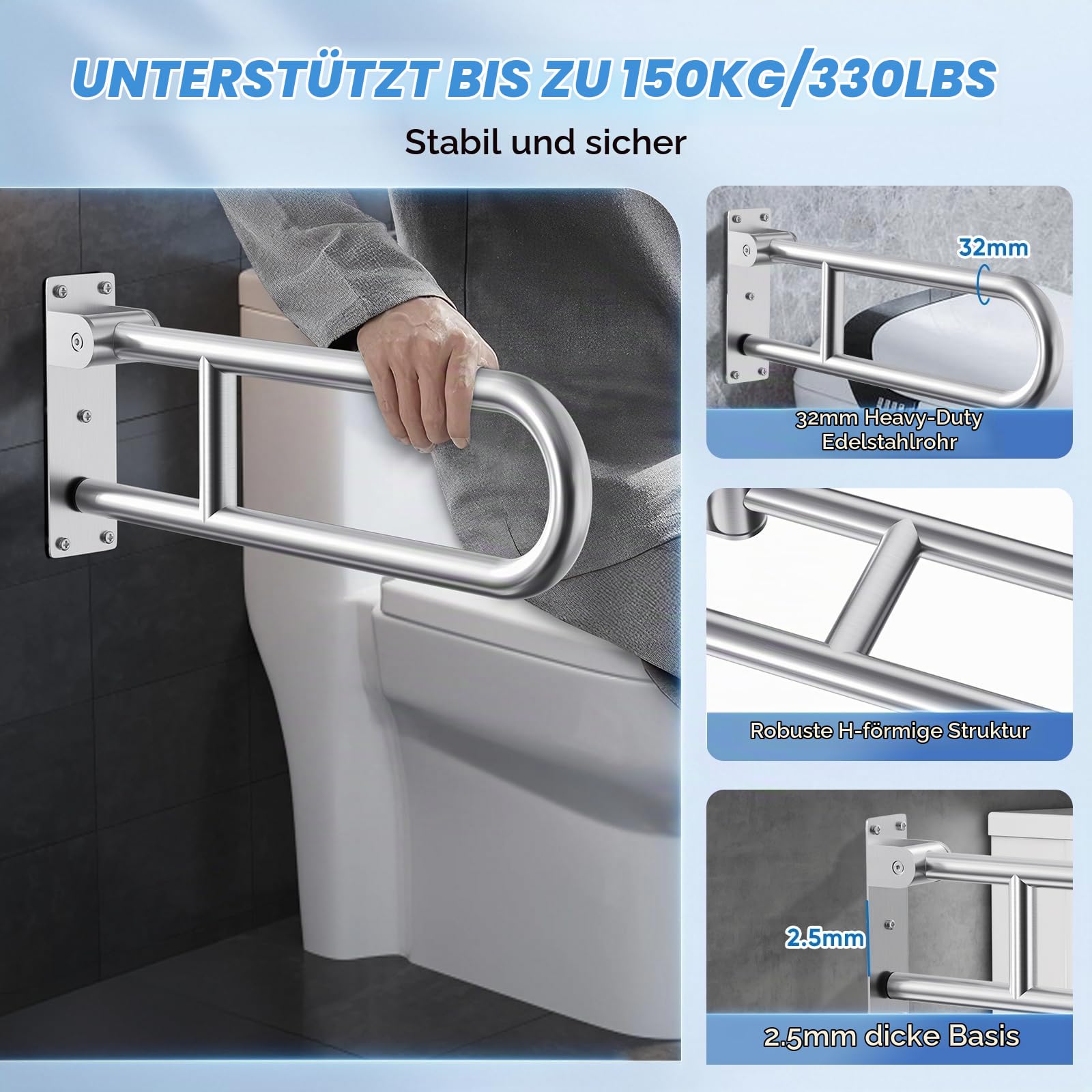 60cm WC Haltegriff Klappbar, Wandstützgriff Klappbar, Edelstahl 304, Tragfähigkeit 150 kg, Haltegriffe für Senioren, Schwangere,Menschen mit eingeschränkter Mobilität
