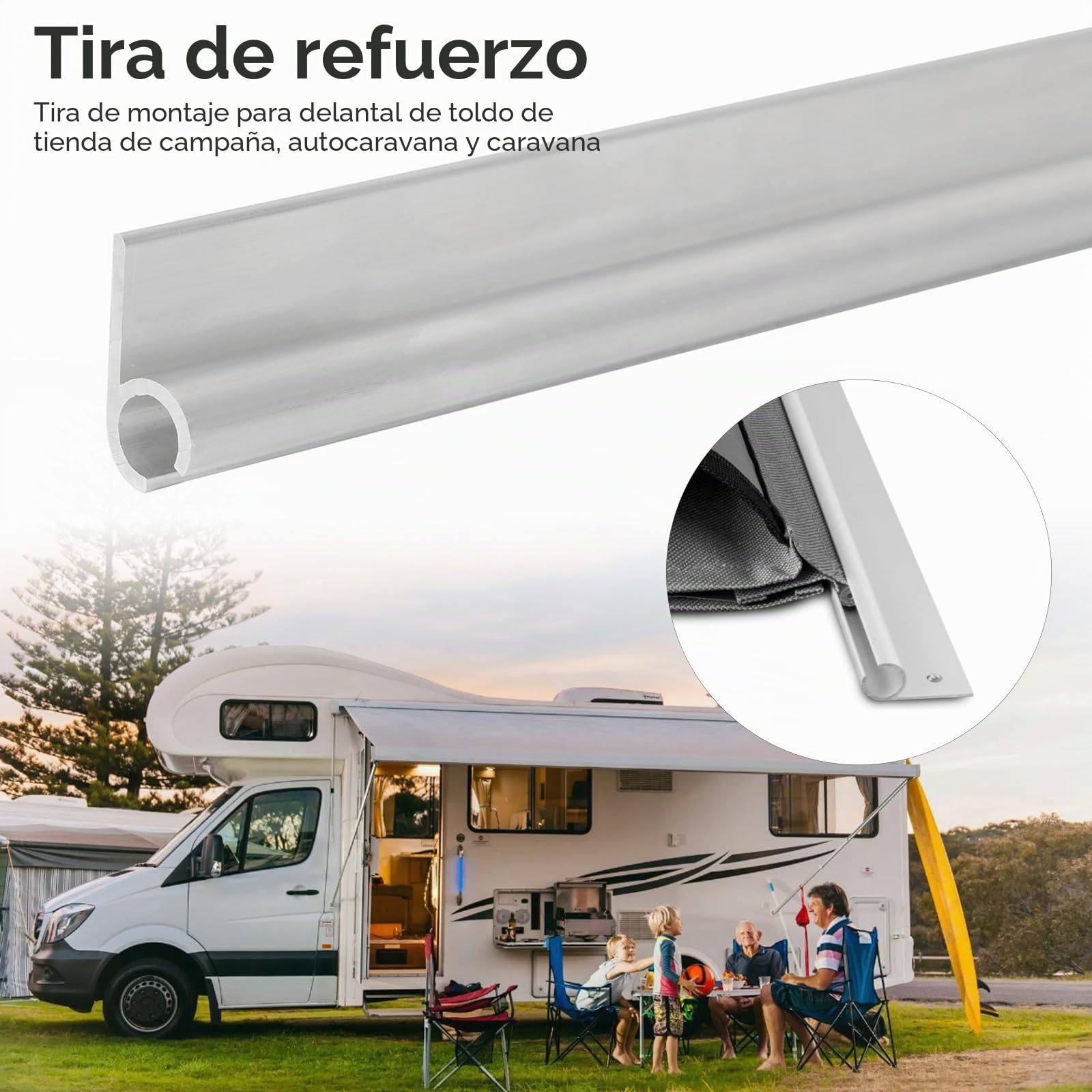 Riel de refuerzo de aluminio para tienda de campaña, 8 unidades de 50 cm, fijación a la pared 45° para refuerzo de 6 – 9 mm, para caravanas, autocaravanas, tiendas de campaña, toldos, toldos