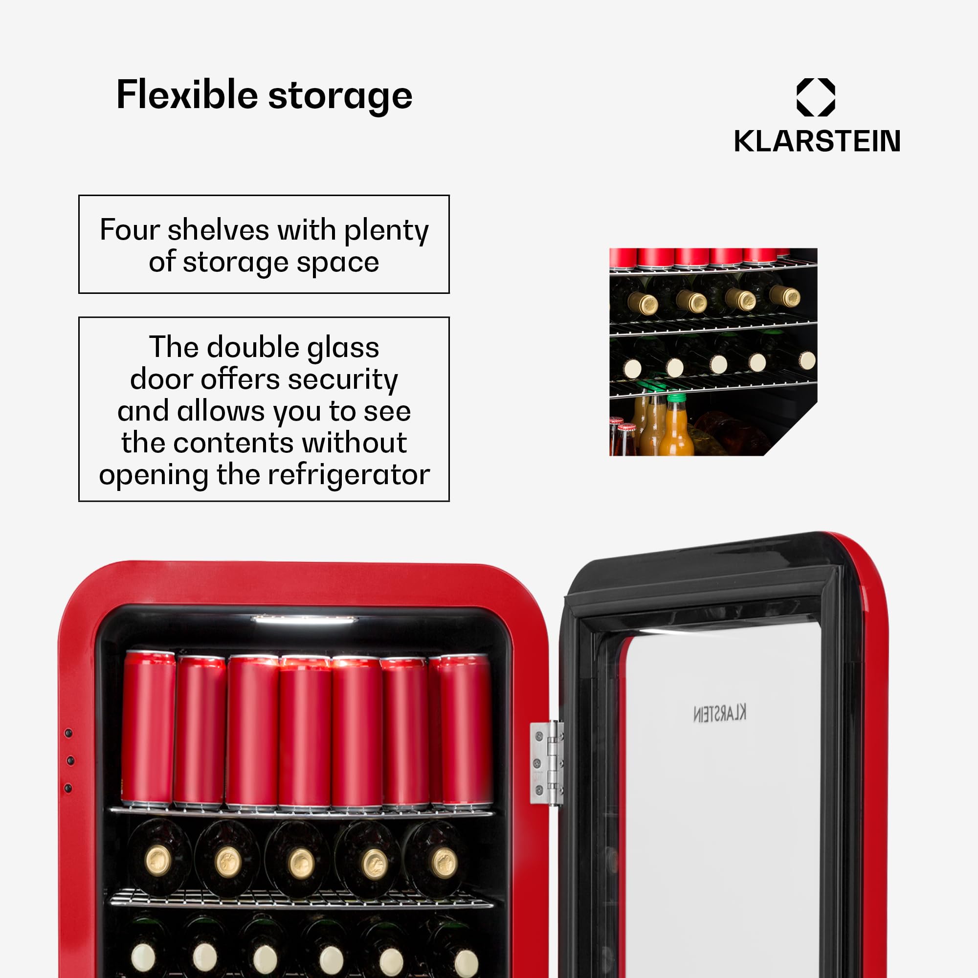 Klarstein PopLife Chłodziarka na napoje - Minibar, Lodówka retro, 0-10 °C, tylko 39 dB, 115 L, przyjazna dla środowiska, Drzwi z podwójną szybą, Design retro, czerwona