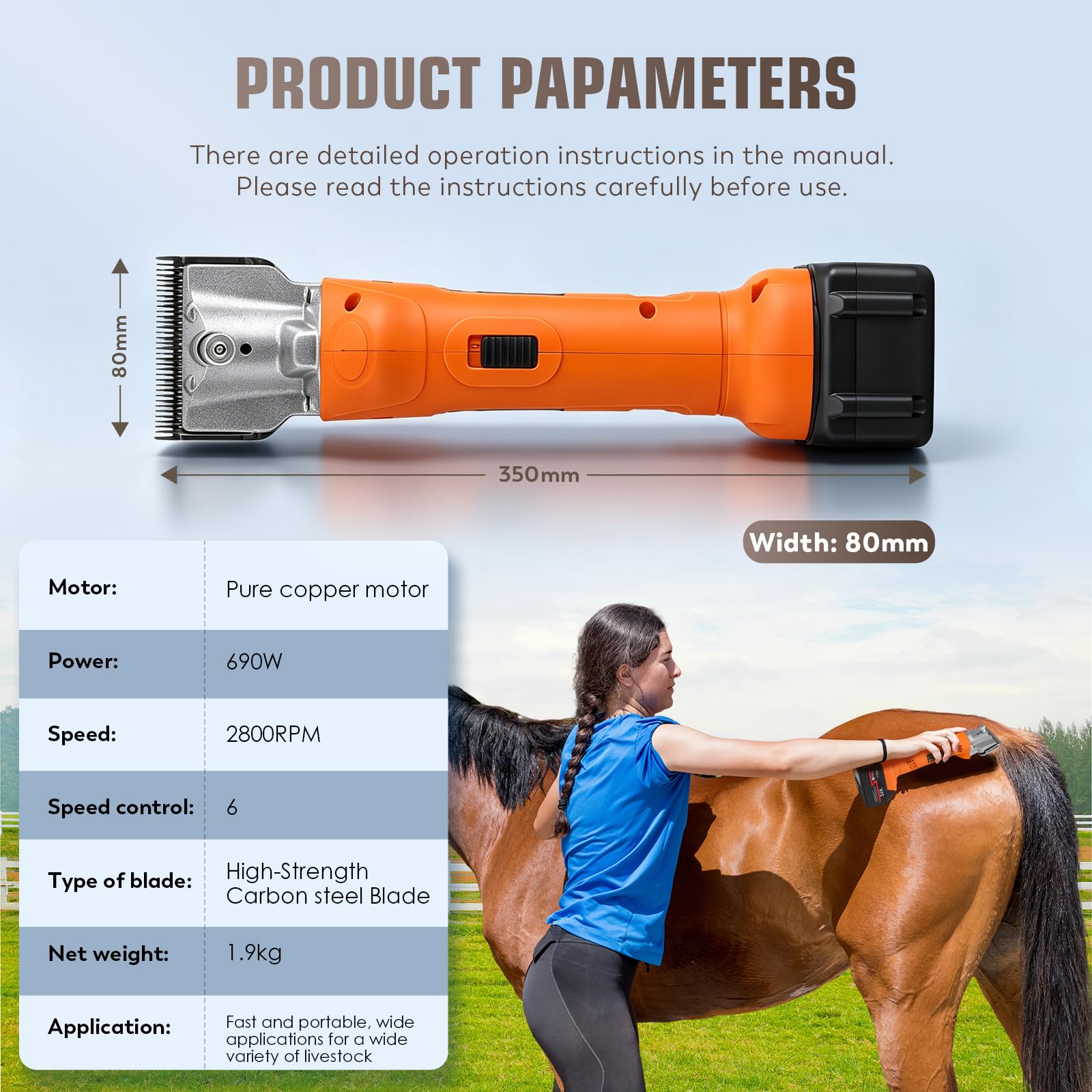 CGOLDENWALL Tondeuse pour Chevaux Sans Fil 690W 2800 tr/min 6 Vitesses 2×4000mAh 4h Autonomie
