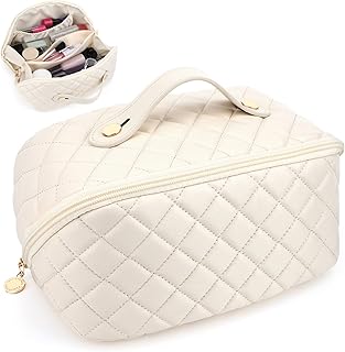 Augot Latest Portable Cosmetic Bag with Handle, Large Capacity Cosmetic Travel Bag, PU Leather Travel Makeup Bag for Women, Waterproof Travel Toiletry Bag, Makeup Organizer Opens Flat (White)