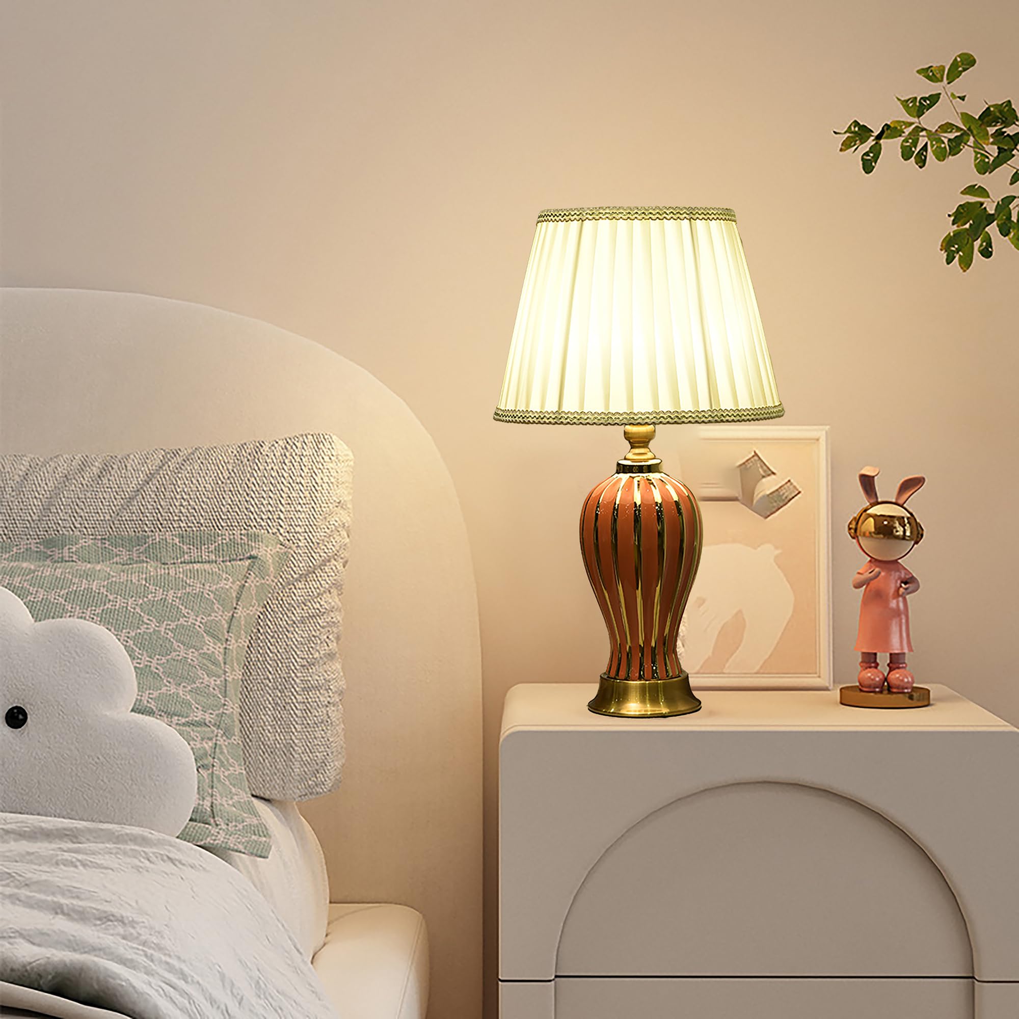 XINYASEE Lampe de table en céramique simple, lampe de chevet rétro avec abat-jour en tissu,Lampe de bureau, llampe à poser pour la chambre à coucher et le salon E27 Tête (Rouge)