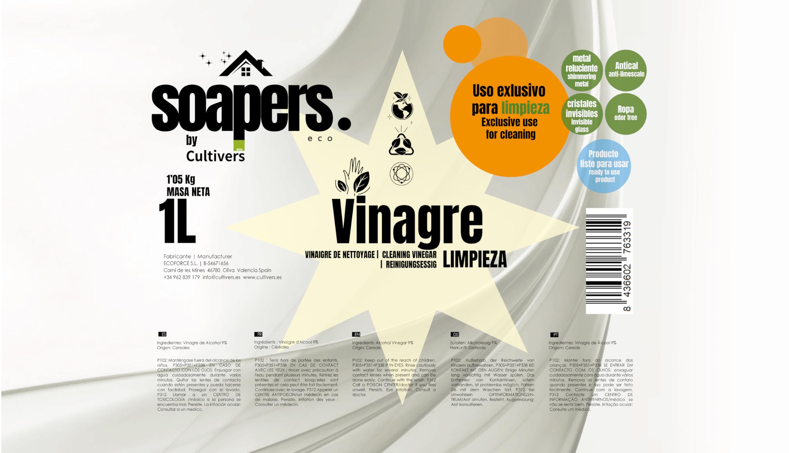 SOAPERS Vinagre de Limpieza Concentrado, 100% Natural, Limpiador Multiusos Potente para el Hogar (10 L)