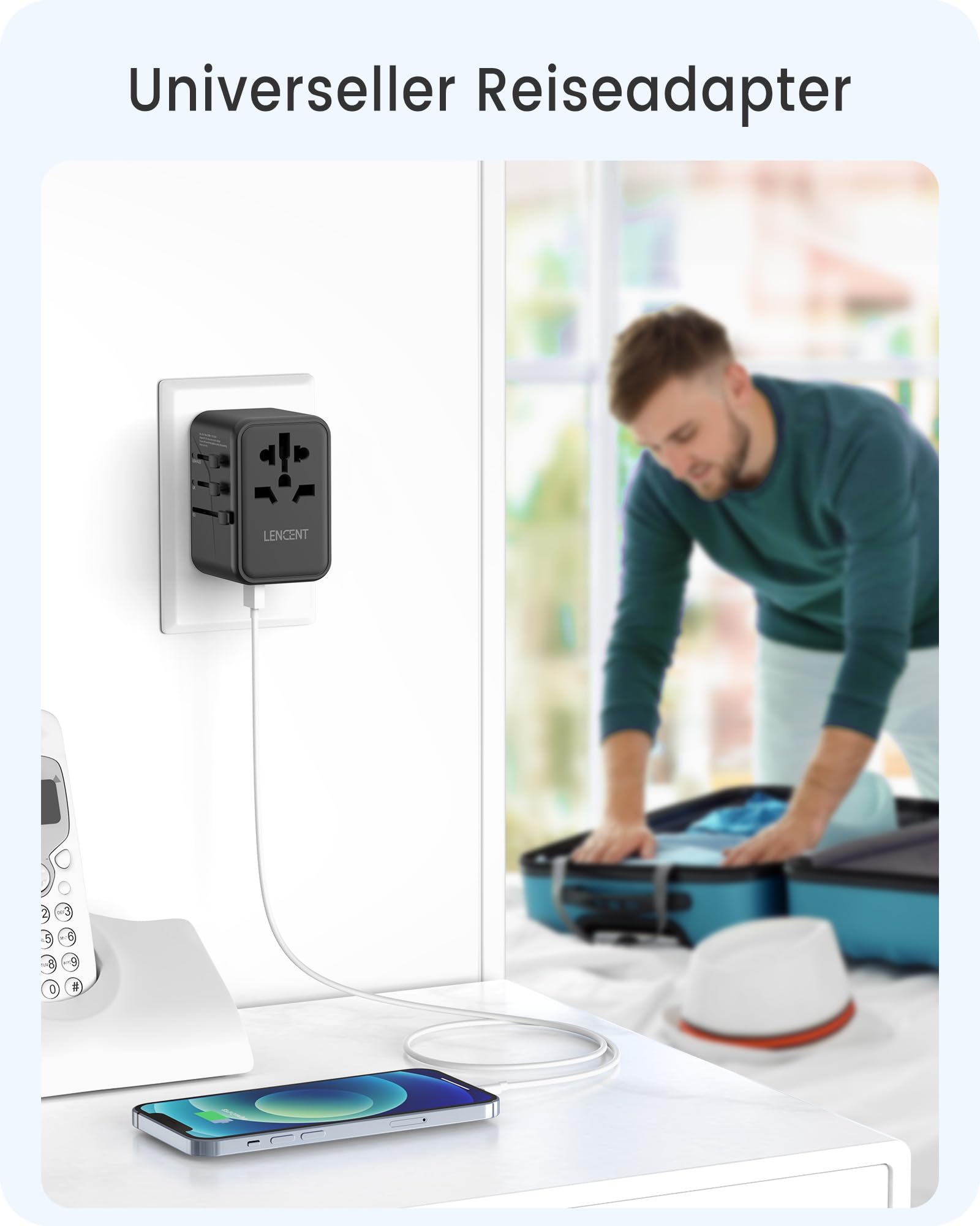 LENCENT Universeller Reiseadapter, GaN III 65W Internationales Ladegerät | mit 2 USB-A&3 Typ-C PD Schnellladung, Weltweiter Reisestecker Adapter für Typ A/C/G/I (USA/UK/EU/AUS) Steckdosen, Schwarz