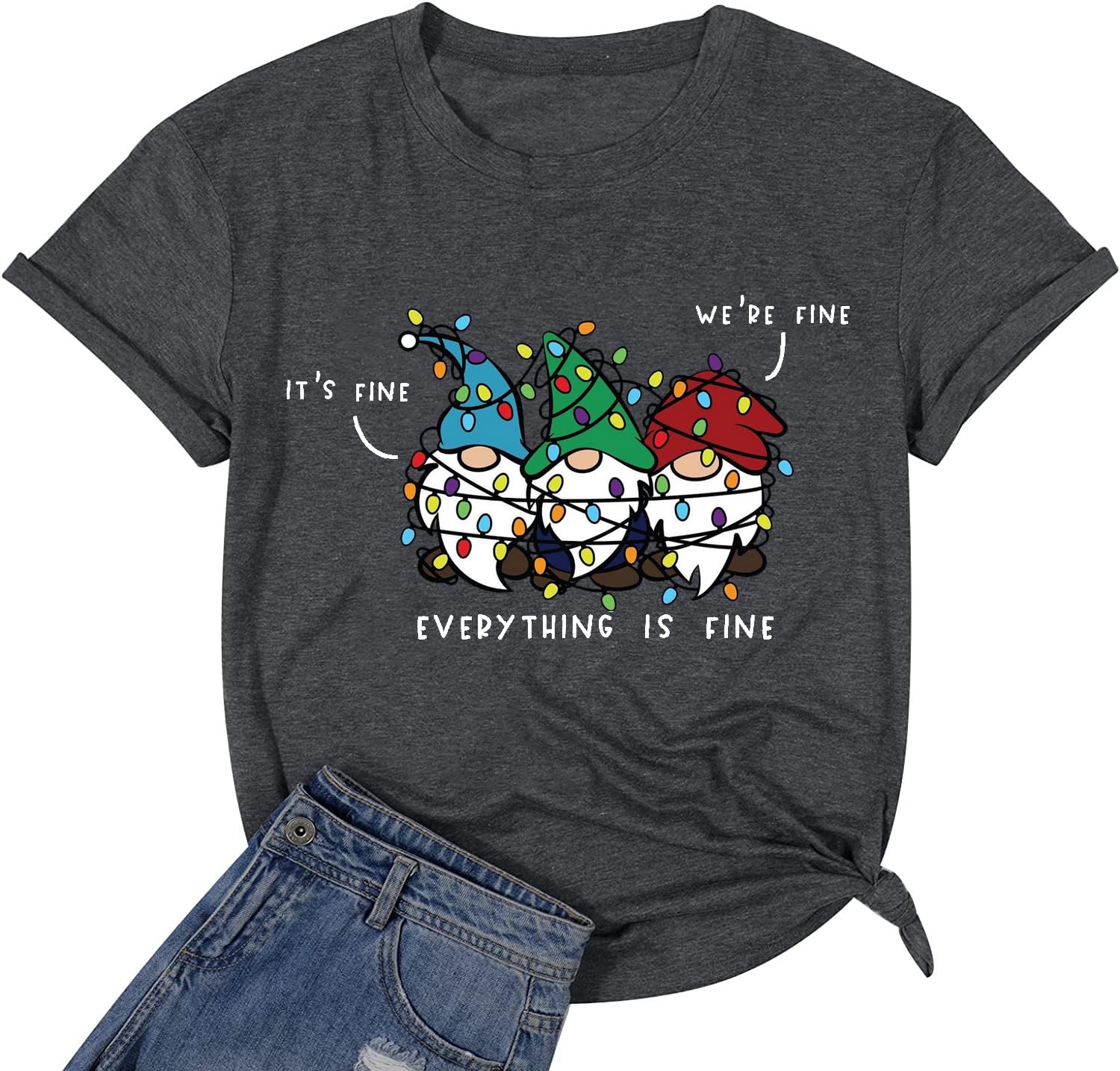 FCHICHIt's Fine We're Fine Shirt for Women - Christmas Gnomes Graphic Tee